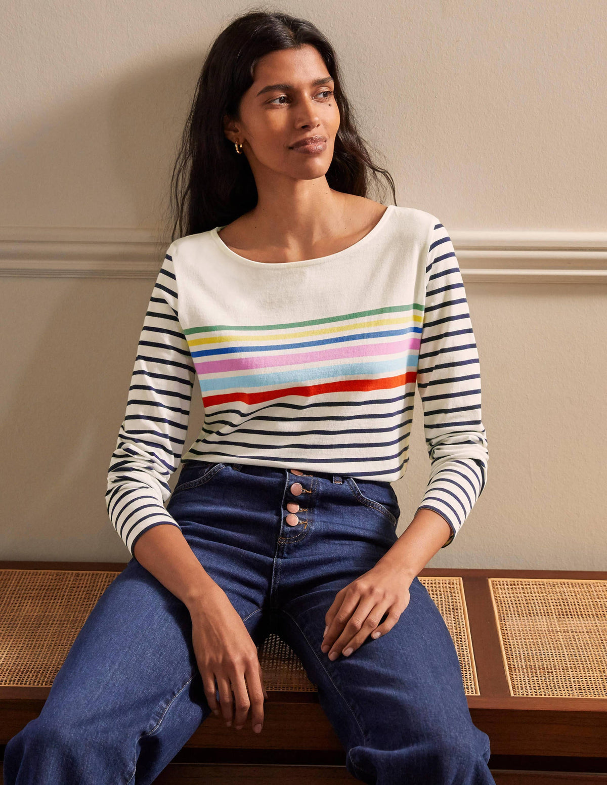 Langärmliges Bretonshirt-Regenbogen auf der Brust-1