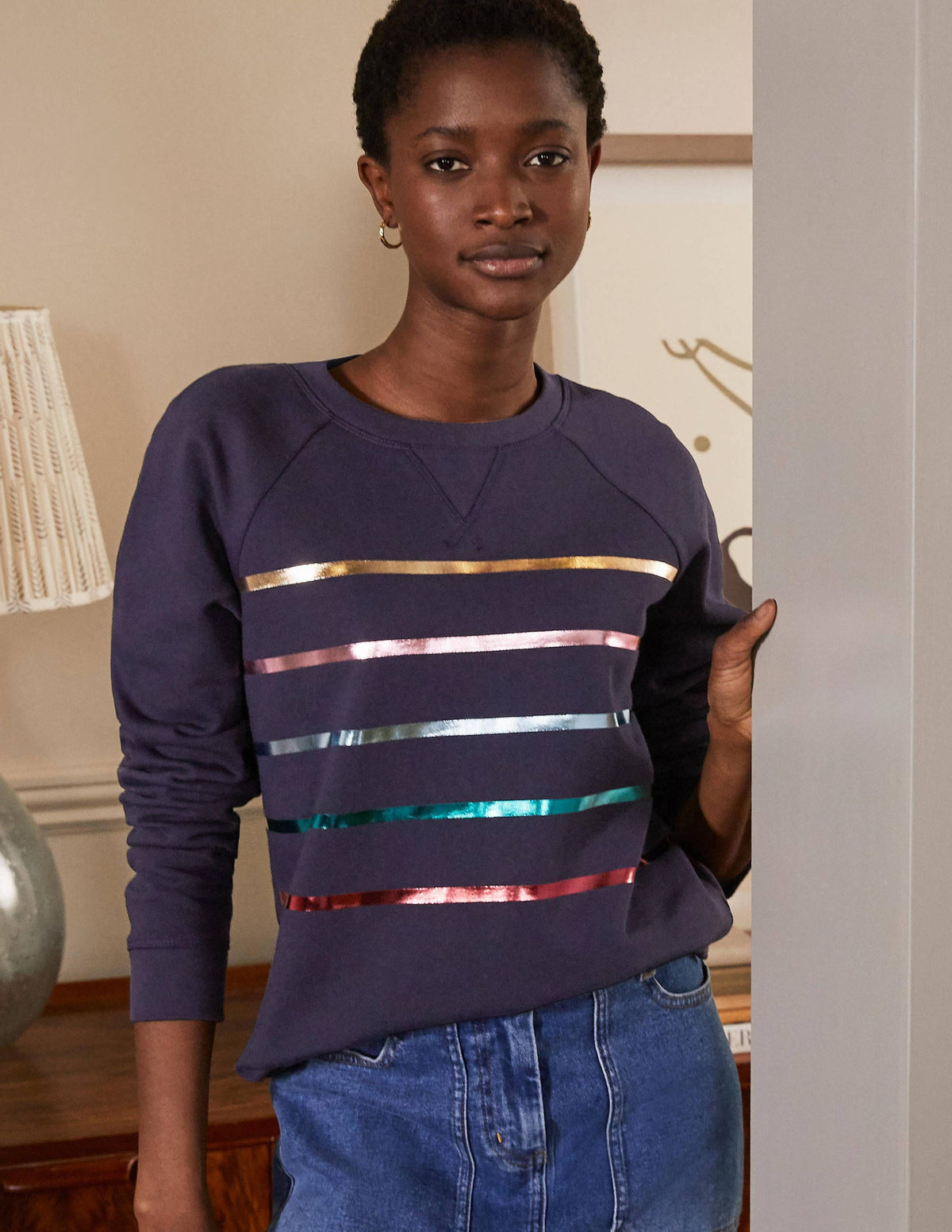 Gemustertes Sweatshirt aus Baumwolle-Navy/Bunt, Folienstreifen - Image 1