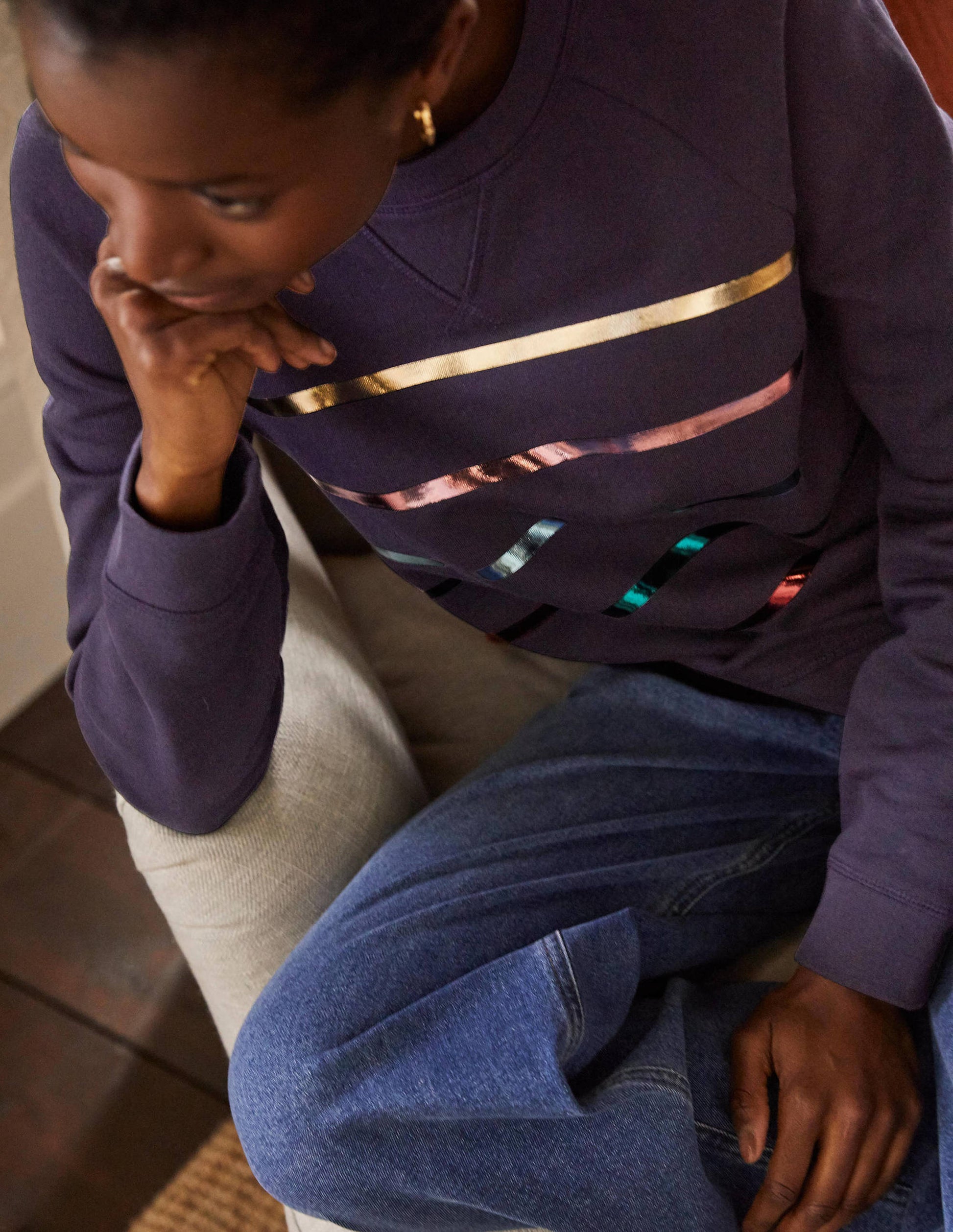Gemustertes Sweatshirt aus Baumwolle-Navy/Bunt, Folienstreifen-2