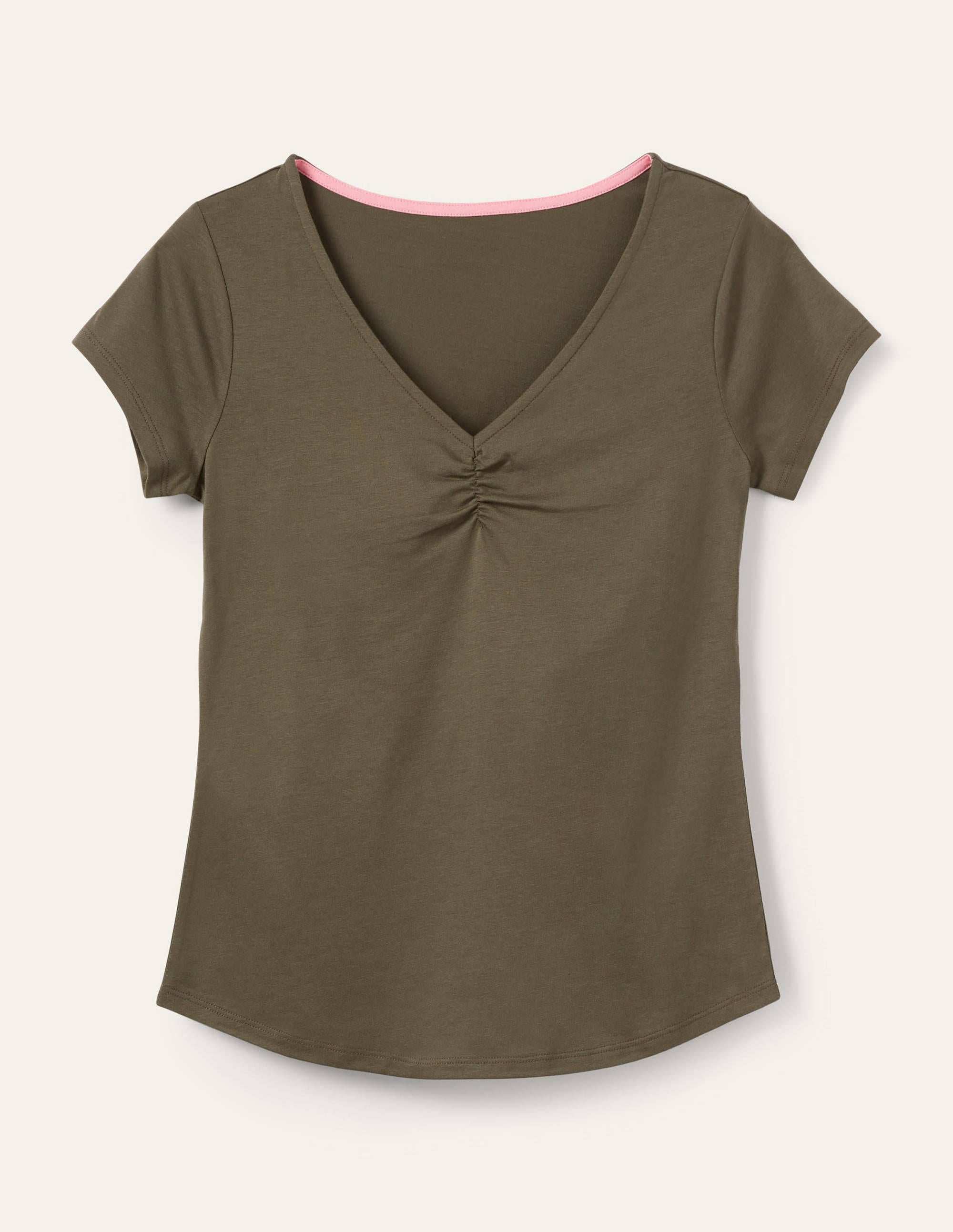 Superweiches T-Shirt mit gerafftem V-Ausschnitt-Klassisches Khaki - Image 5