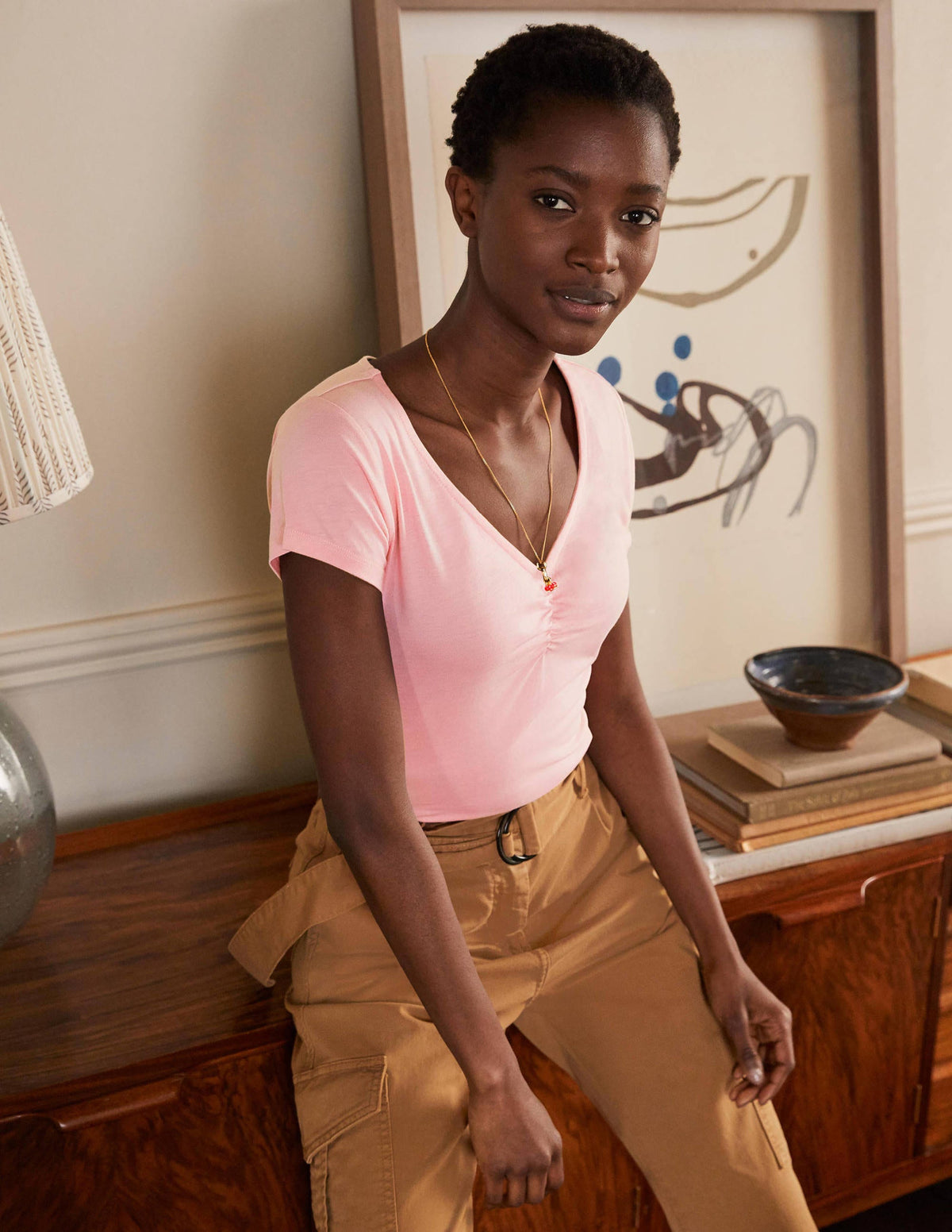 Supersoft Ruched V-Neck Top-Formica Pink - Image 1