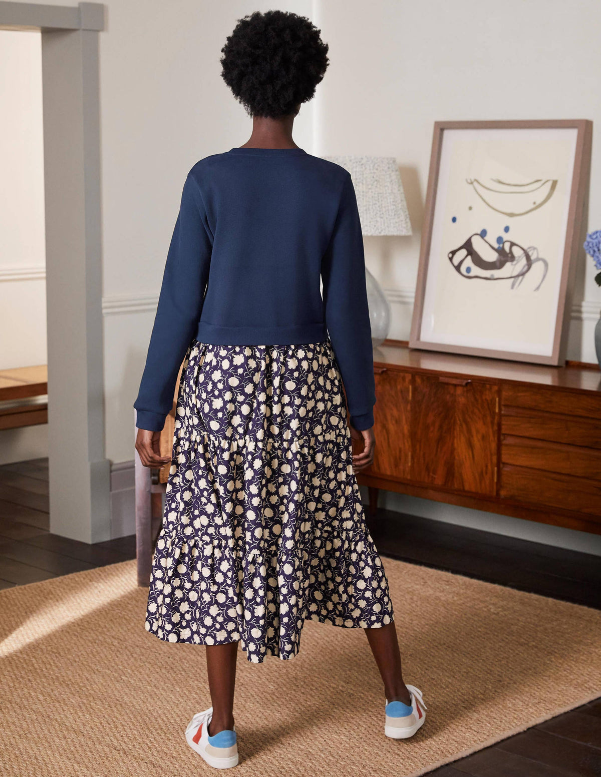 Woven Mix Tiered Dress-French Navy, Leafy Bud - Image 3