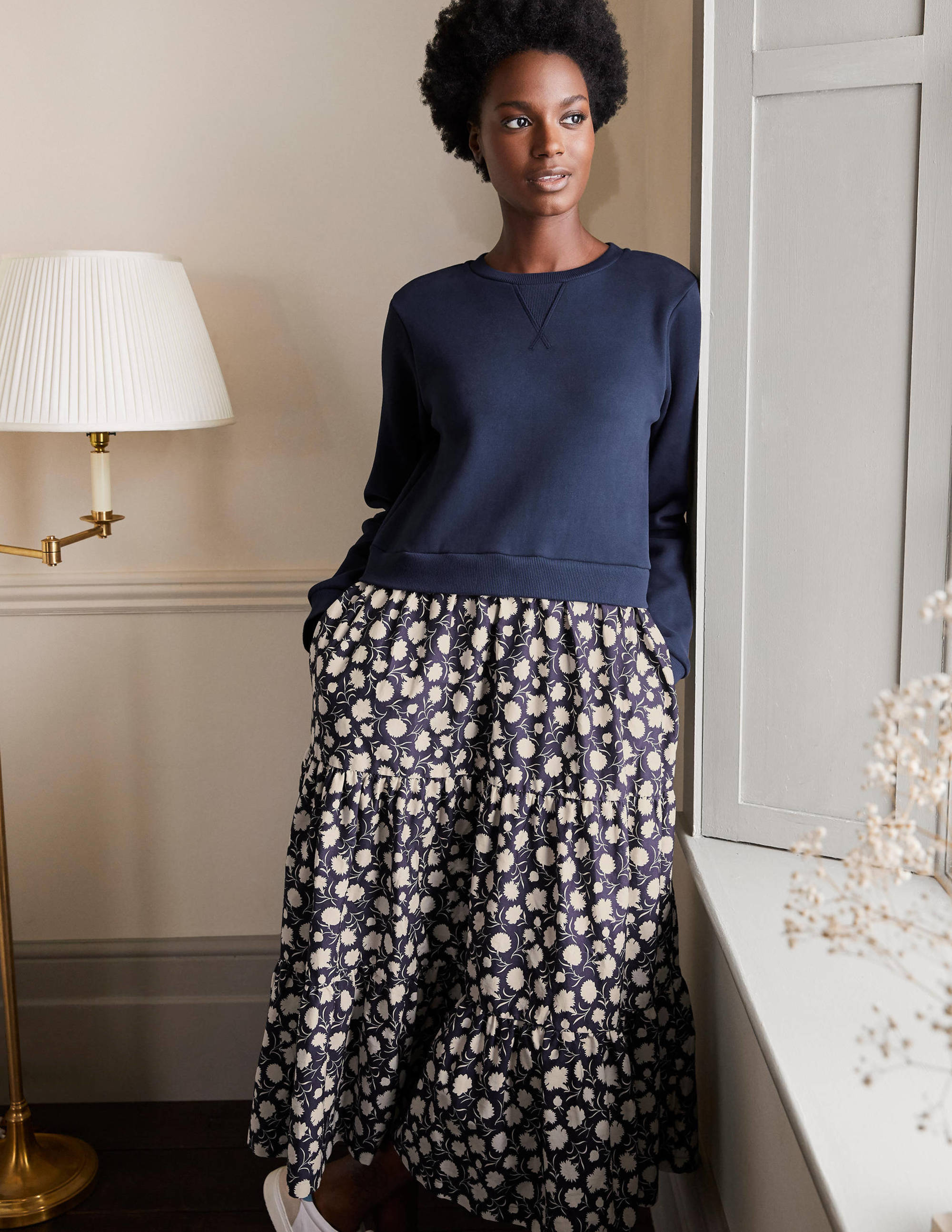 Woven Mix Tiered Dress-French Navy, Leafy Bud - Image 4