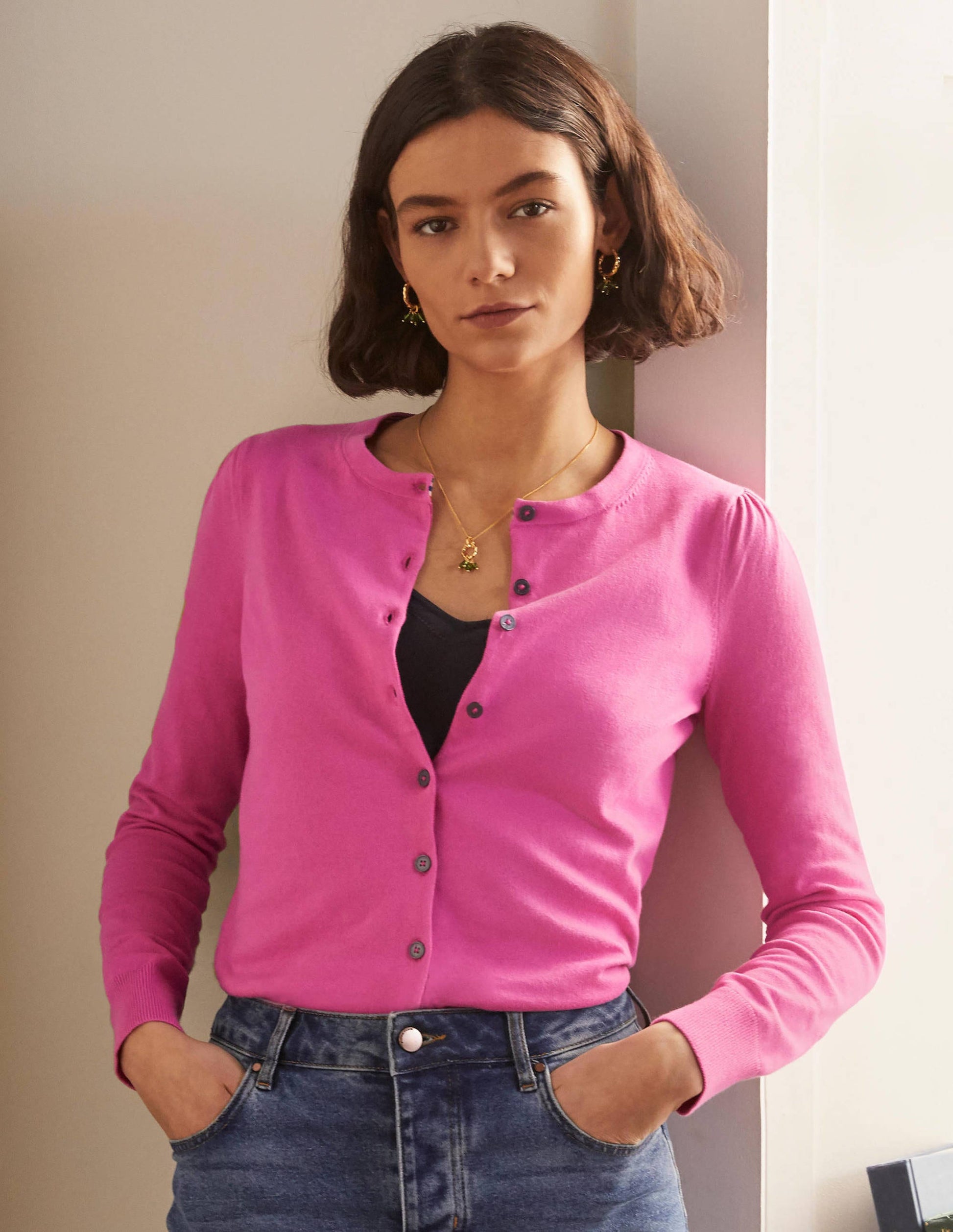 Cardigan en coton-Rose bonbon-1