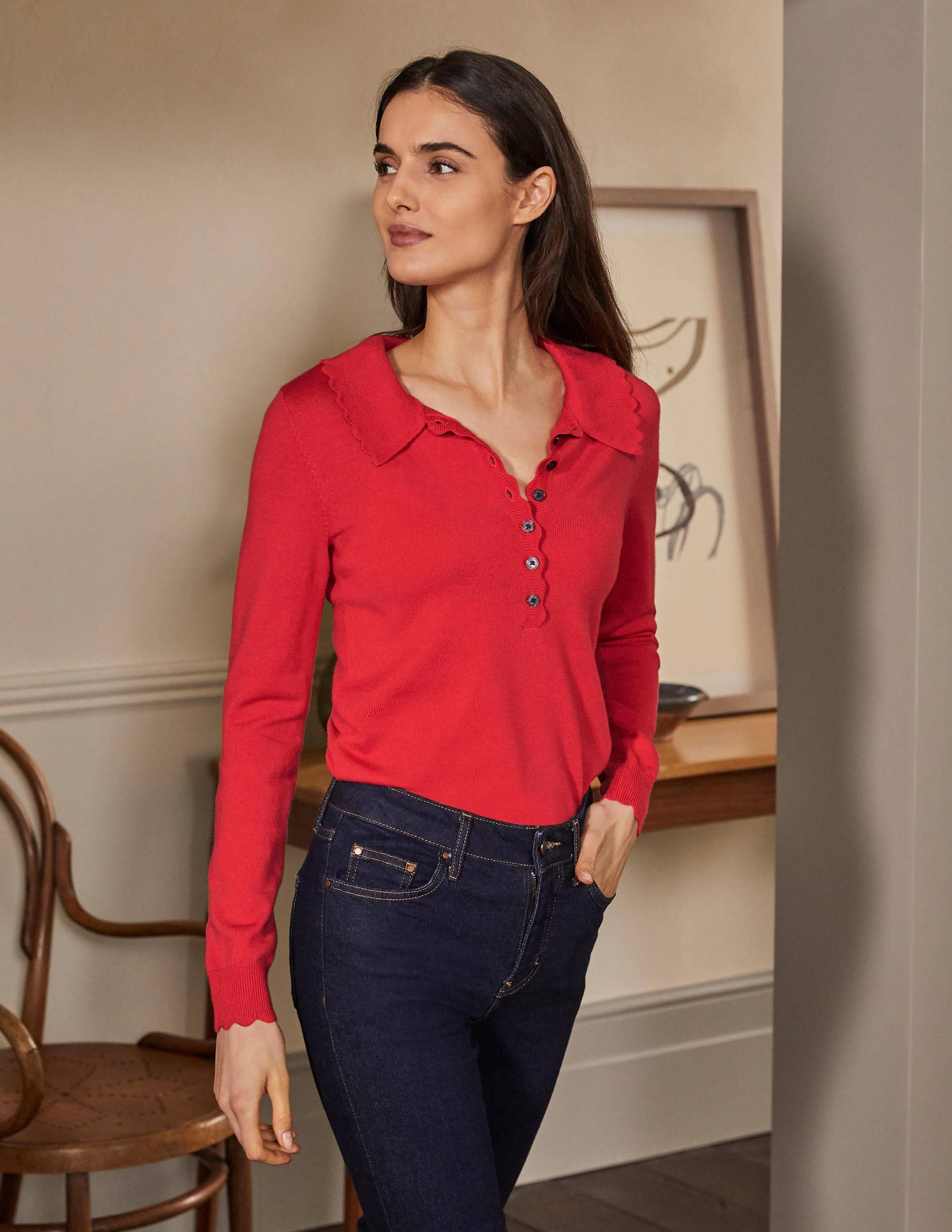 Merino Scallop Collar Jumper-Cherry Red - Image 1