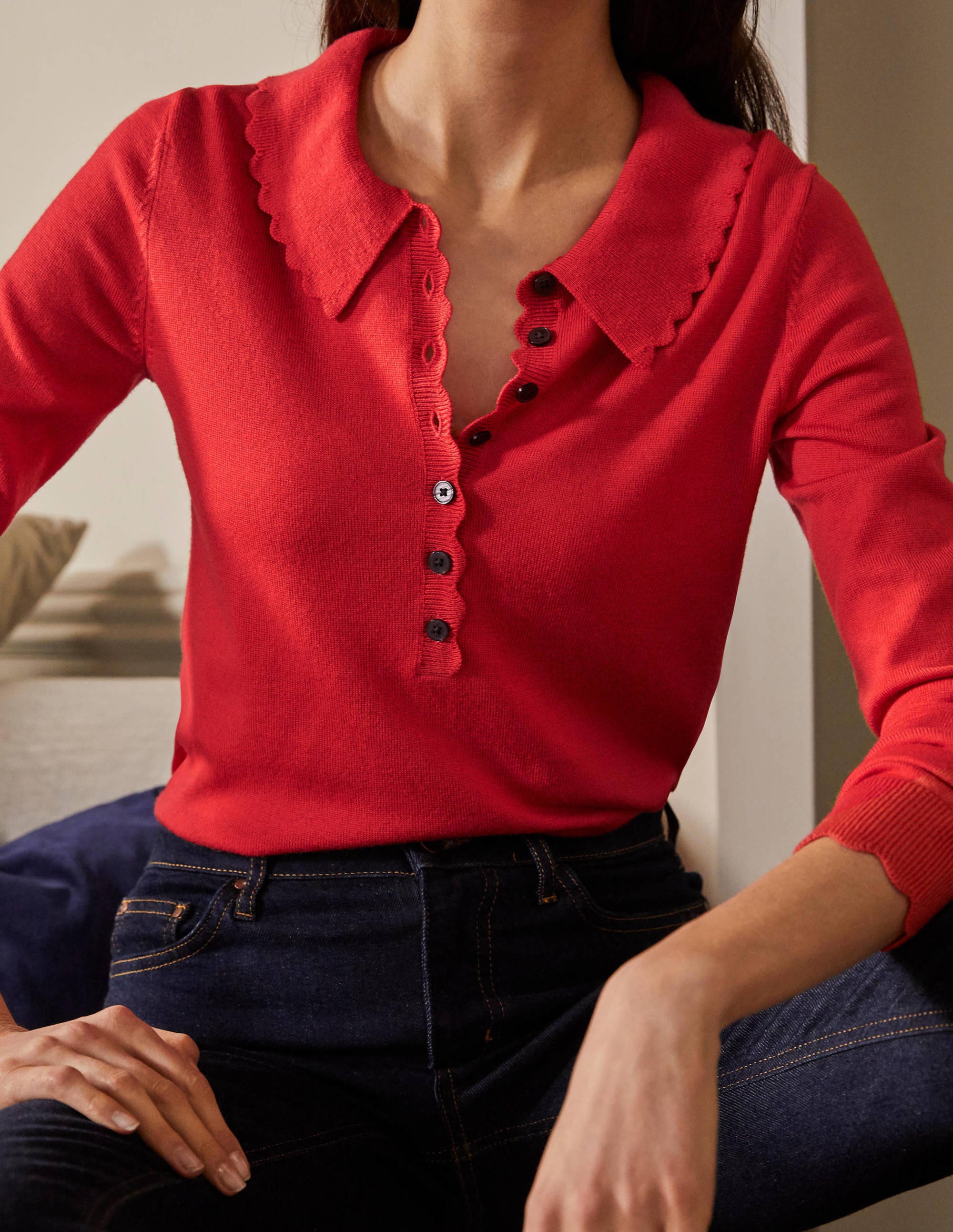 Merino Scallop Collar Jumper-Cherry Red - Image 2