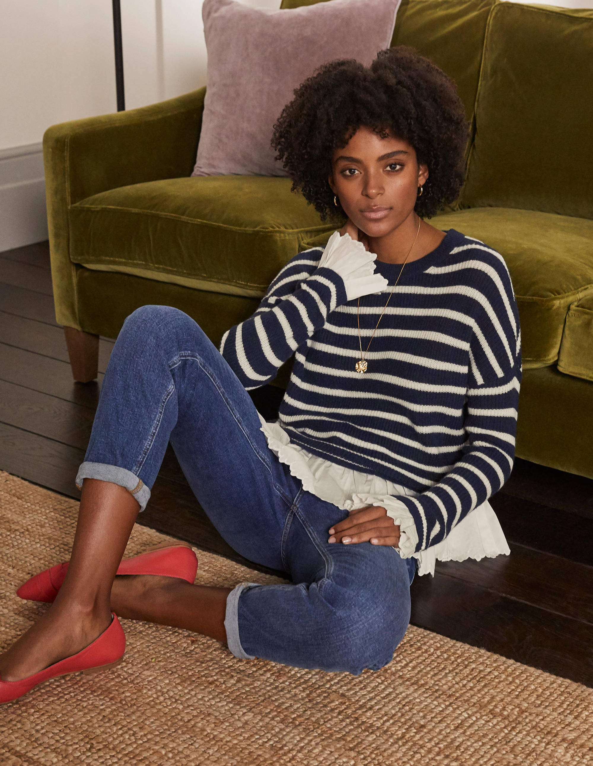 Catherine Flauschiger Webpullover-Navy/Naturweiß, Gestreift - Image 1