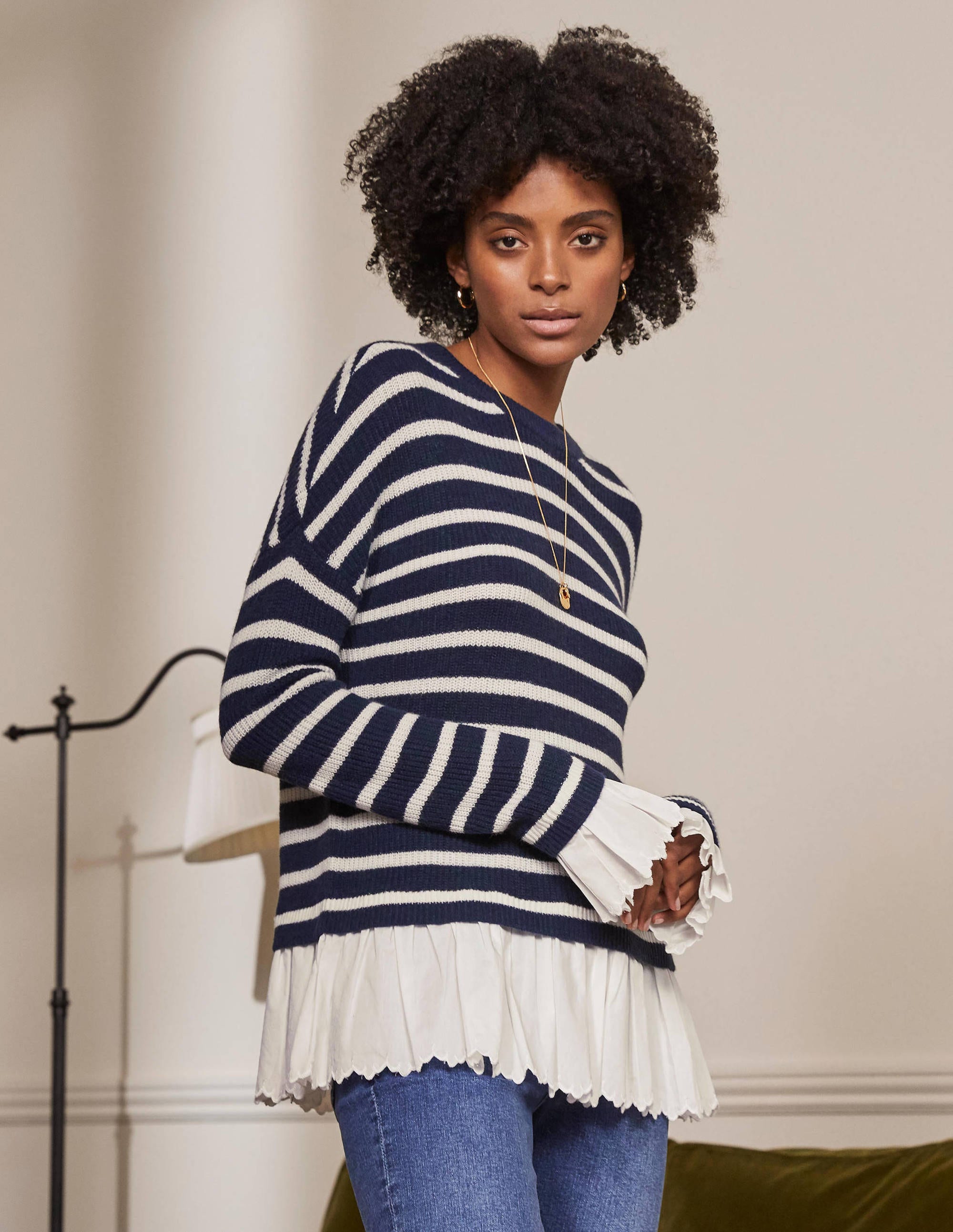 Catherine Flauschiger Webpullover-Navy/Naturweiß, Gestreift - Image 4