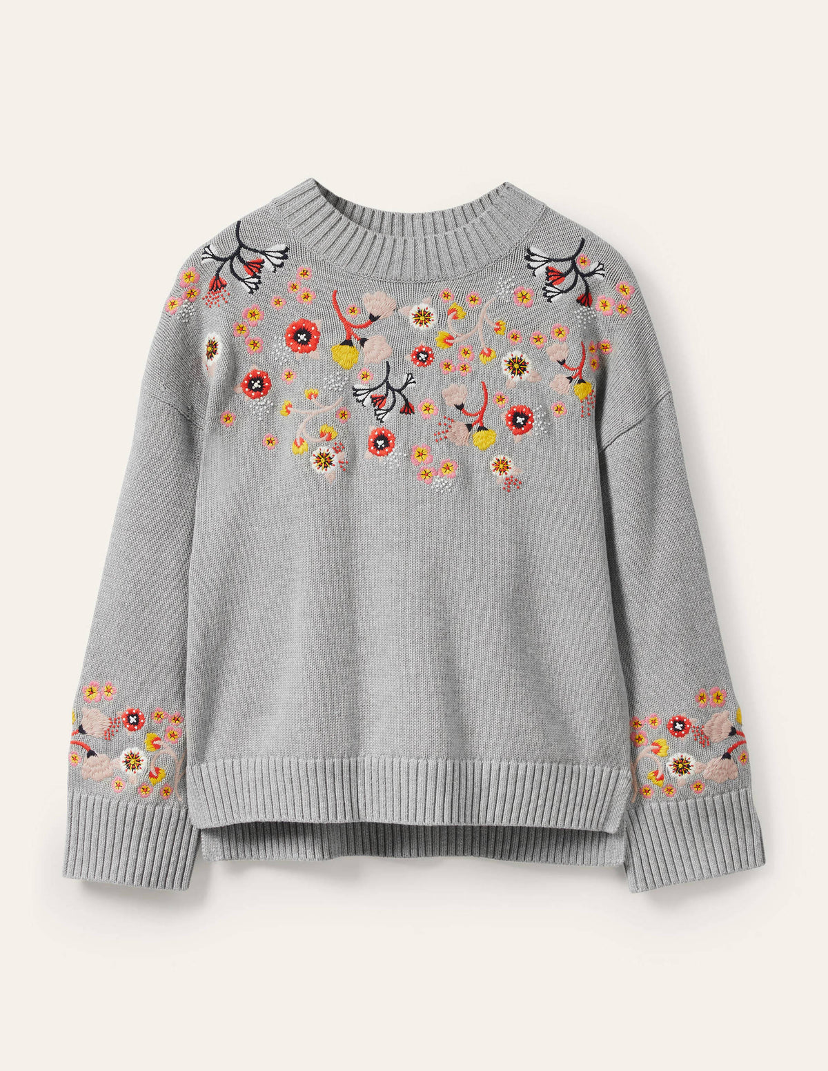 Lockerer Pullover mit Stickerei-Silber Melange-5