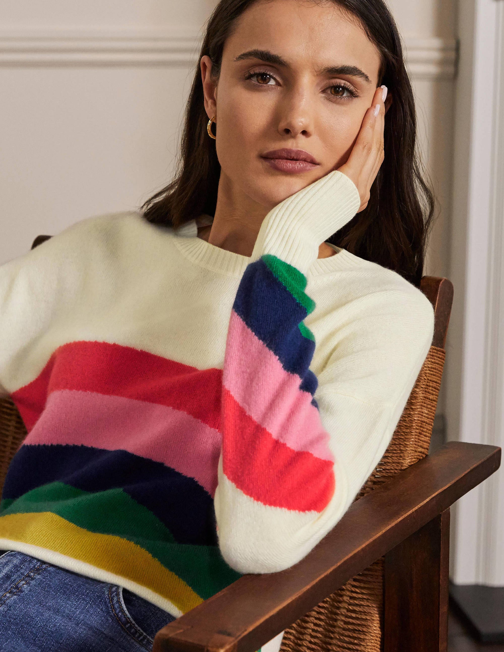 Margot Kaschmirpullover-Naturweiß, Platzierter Regenbogen/Strick - Image 2