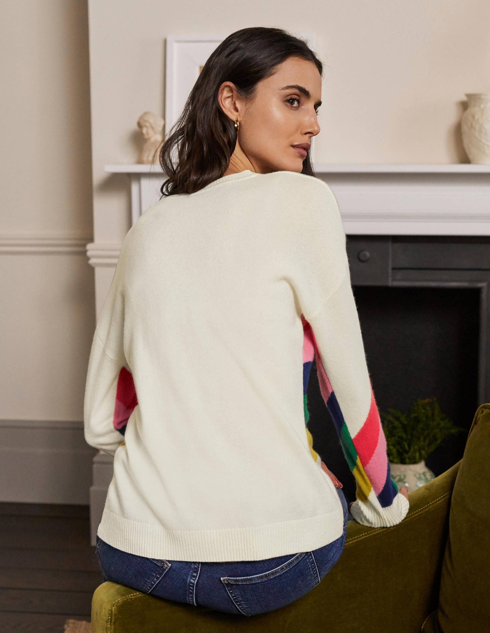 Margot Kaschmirpullover-Naturweiß, Platzierter Regenbogen/Strick-3