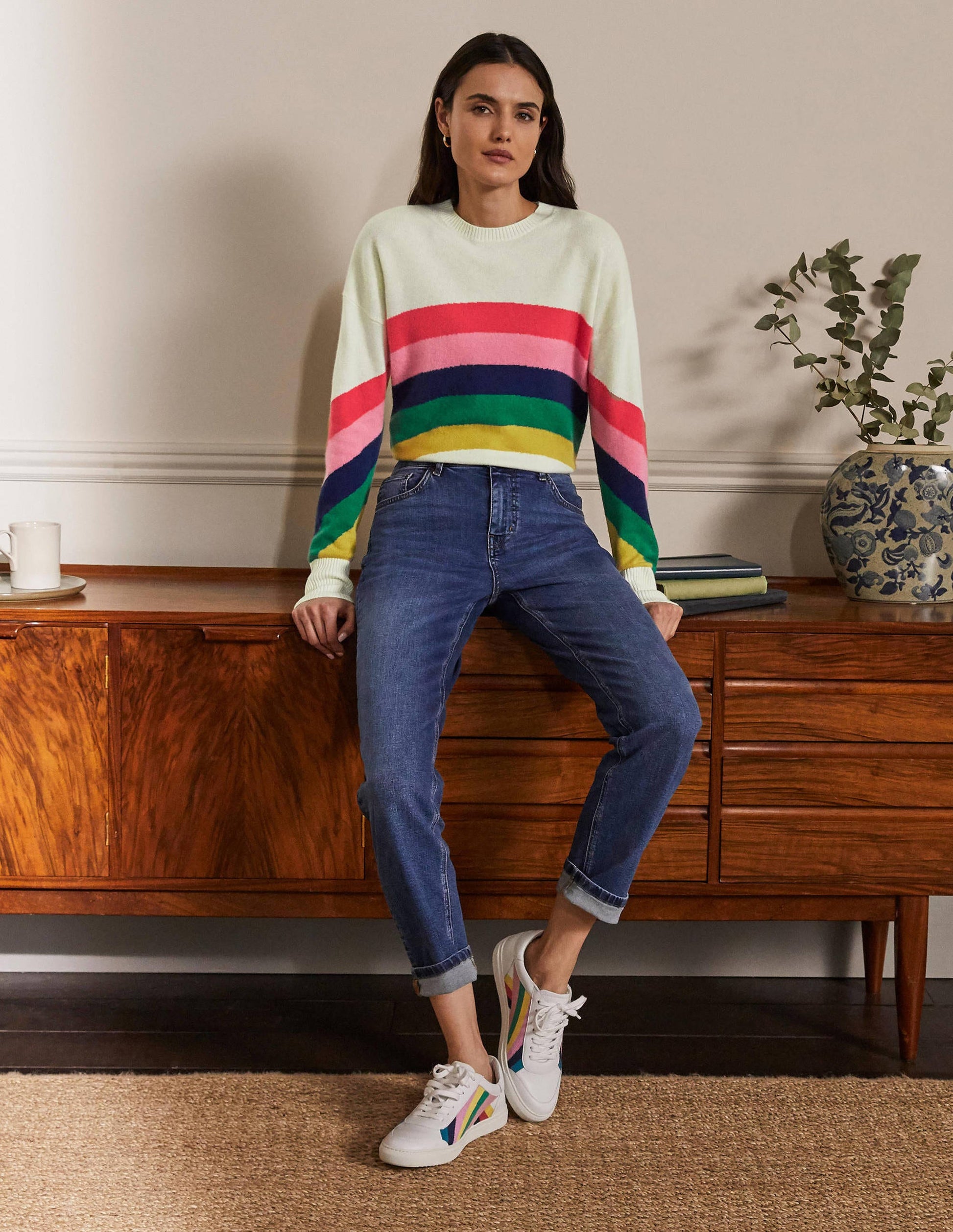 Margot Kaschmirpullover-Naturweiß, Platzierter Regenbogen/Strick-5