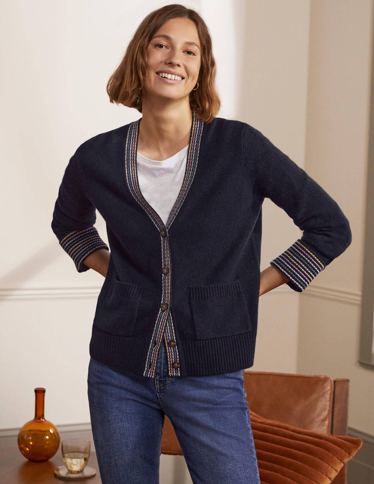 Kaschmircardigan mit Ärmelbündchen-Marineblau-4