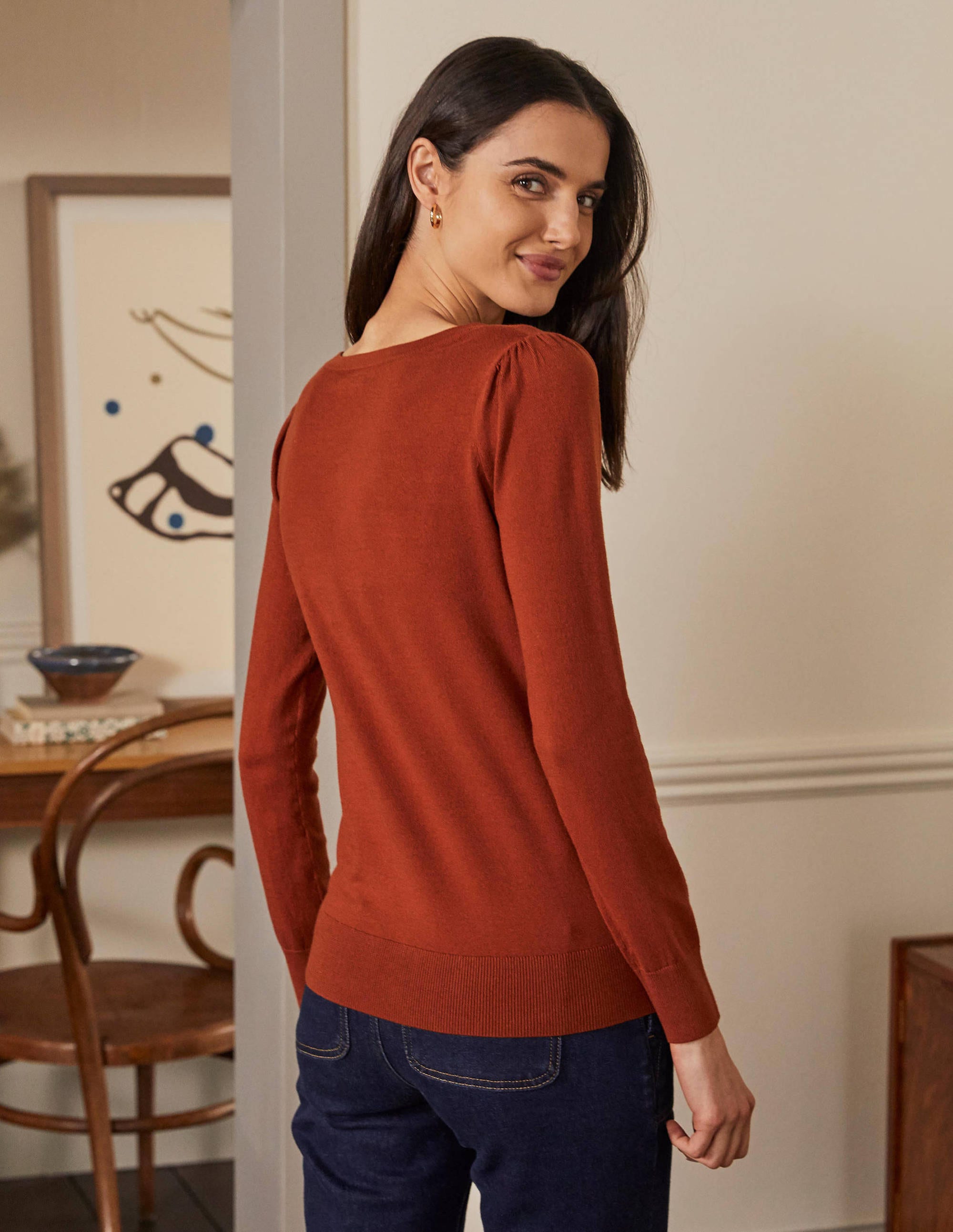 Pull col V en coton-Rouille - Image 3