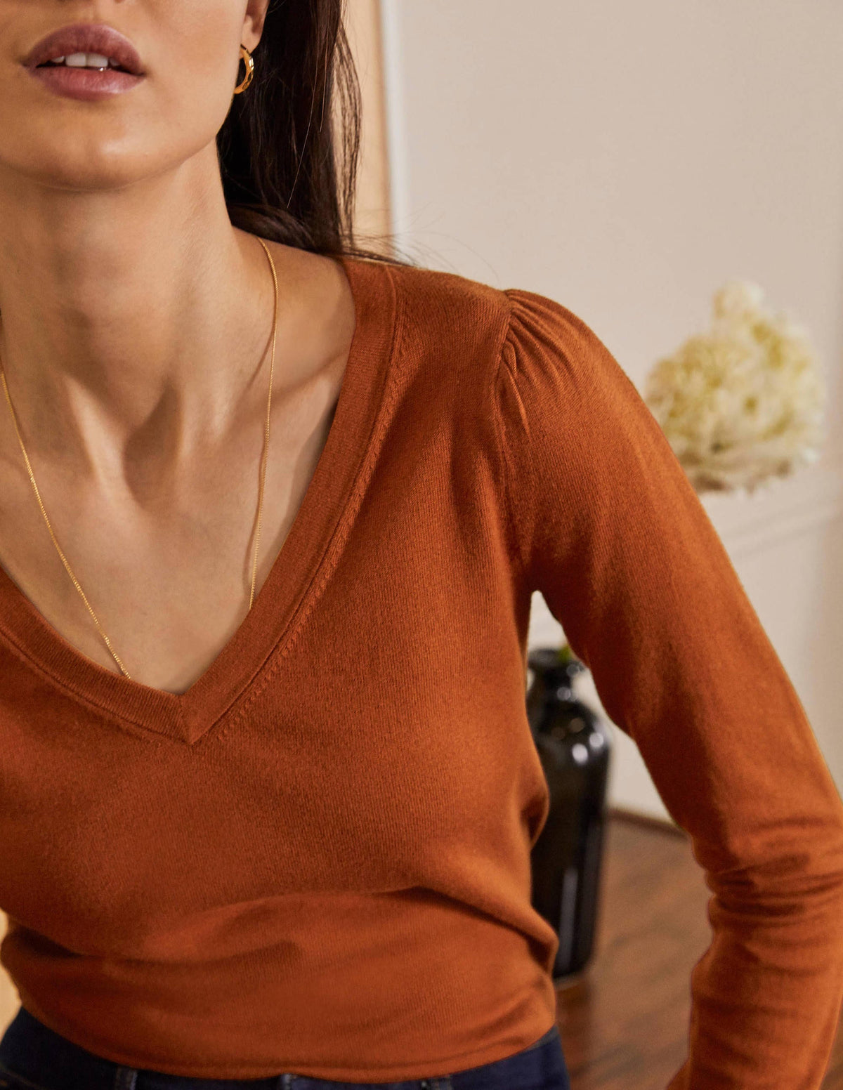 Pull col V en coton-Rouille - Image 4