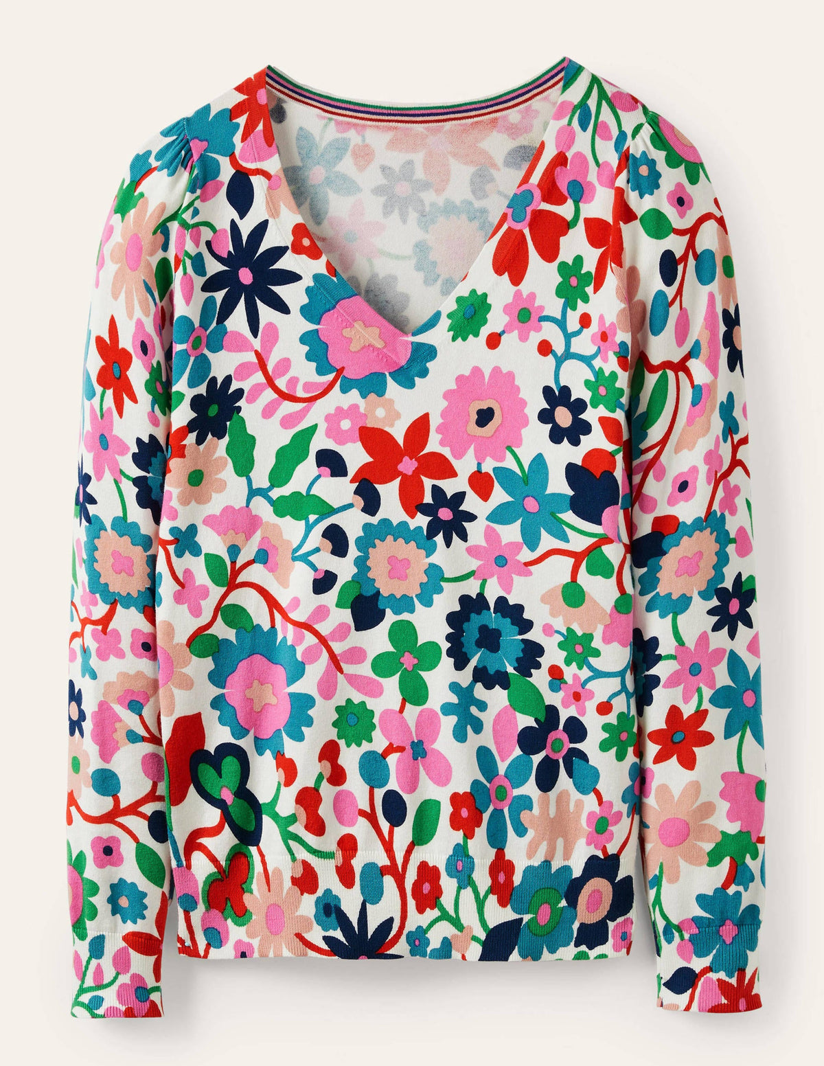 Baumwollpullover mit V-Ausschnitt-Naturweiß, Prärie-Blumen-5