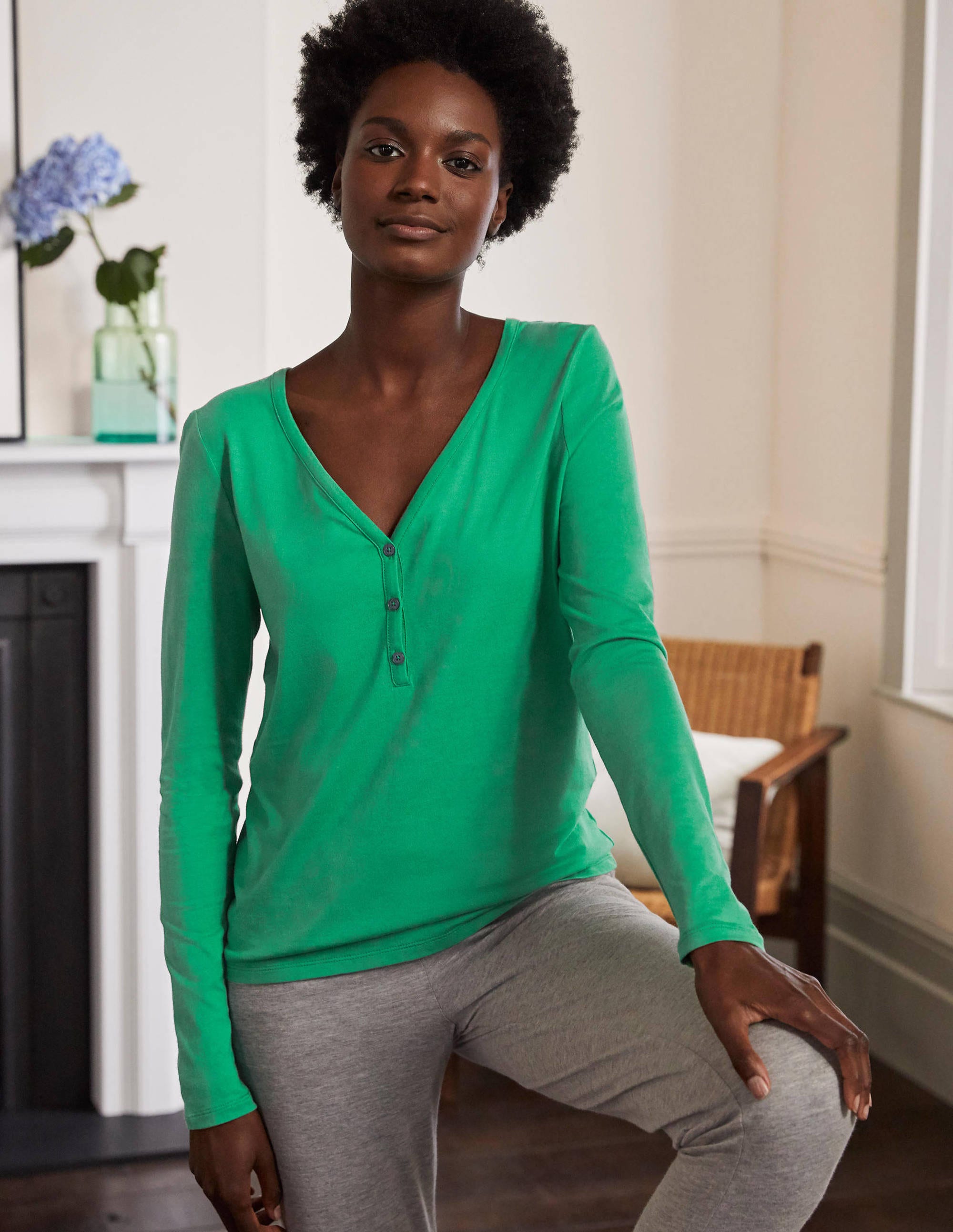 Emma Long Sleeve Pyjama Top-Leafy Green - Image 3
