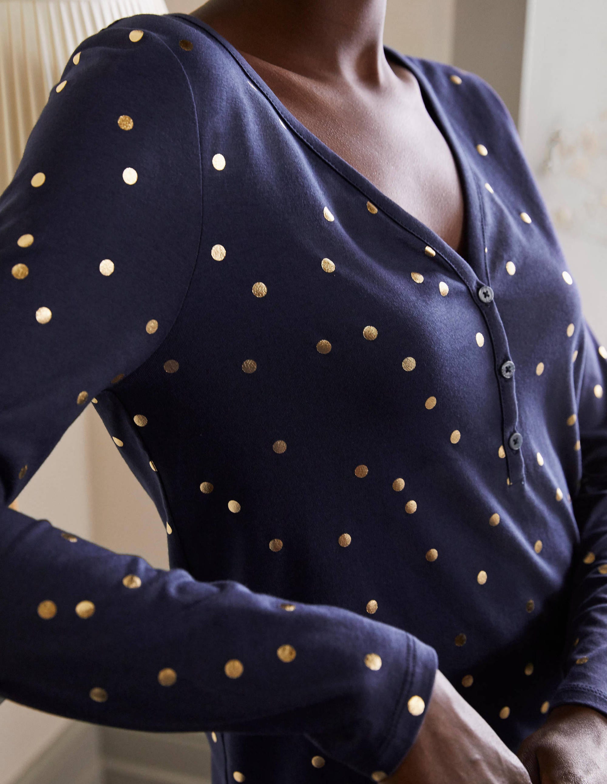 Emma Long Sleeve Pyjama Top-Navy, Scattered Spot - Image 1