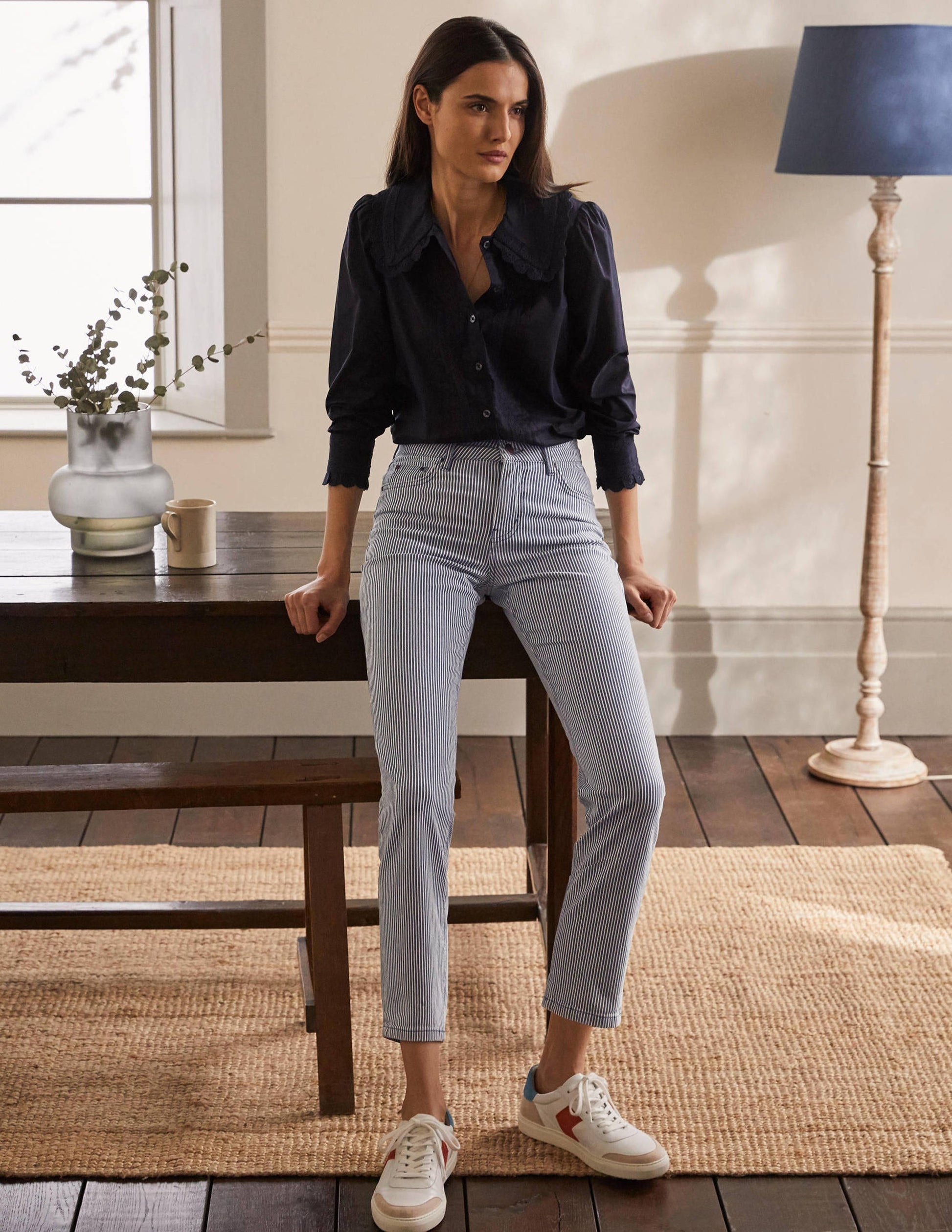 Schmale 7/8-Hose mit geradem Schnitt-Naturweiß/Navy, Feine Streifen-1