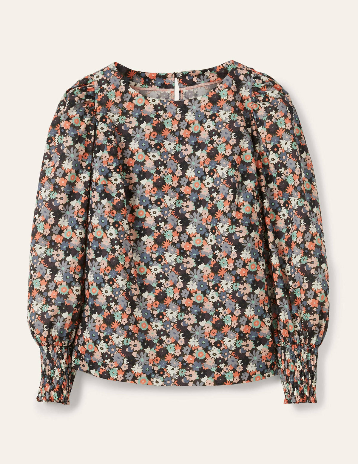 Smocked Cuff Cotton Top-Tin Grey, Paintbox Ditsy-5