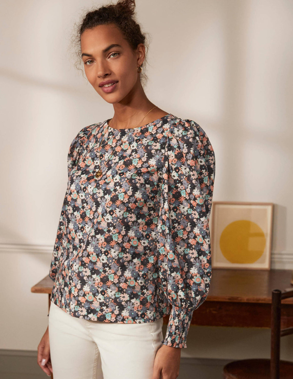 Smocked Cuff Cotton Top-Tin Grey, Paintbox Ditsy - Image 3