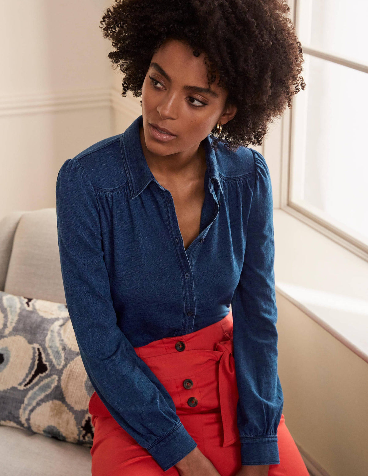Chemise froncée en jersey-Indigo moyen-4