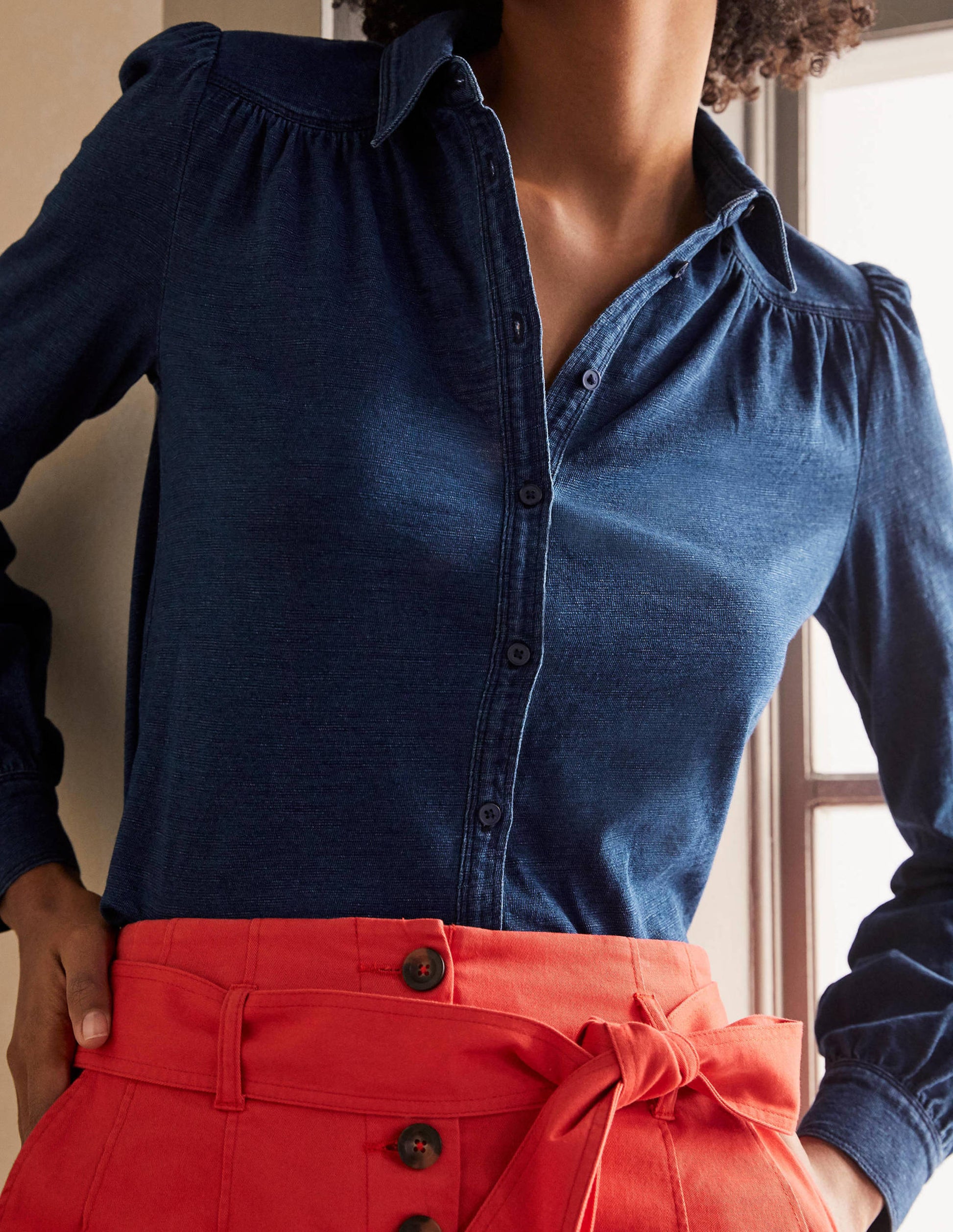 Chemise froncée en jersey-Indigo moyen-3