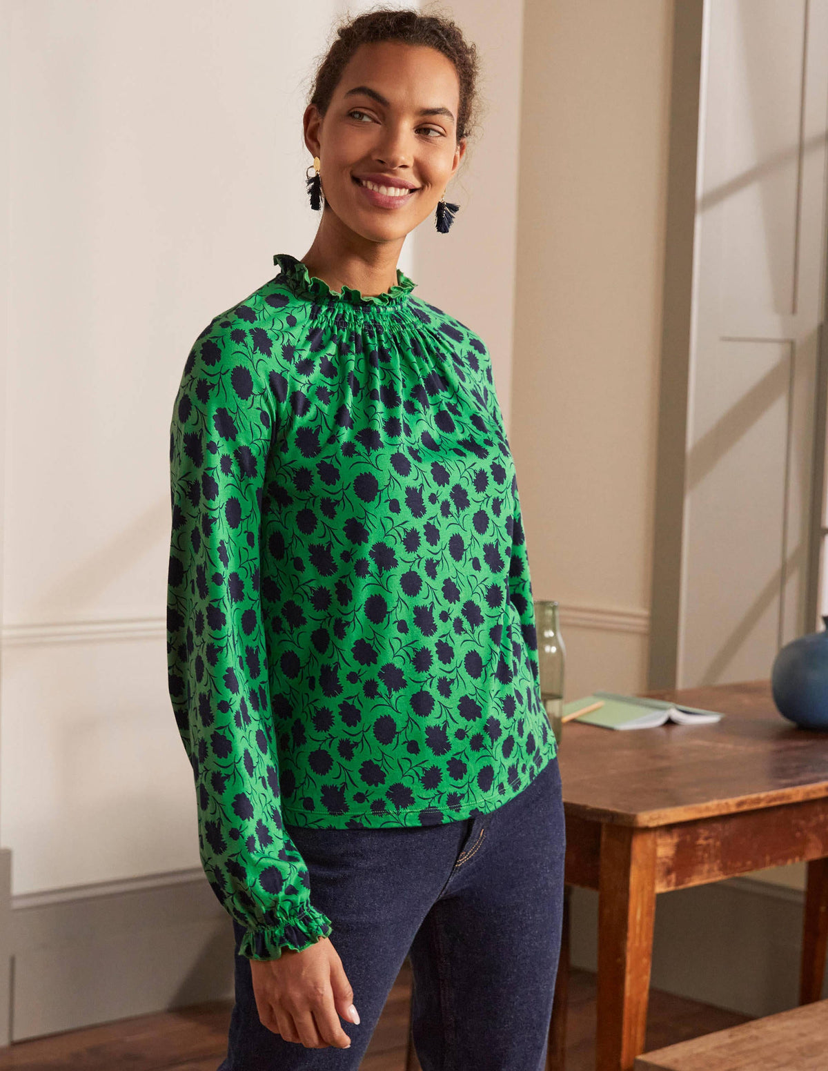 Frill Neck Blouson Jersey Top-Sapling, Leafy Bud - Image 3