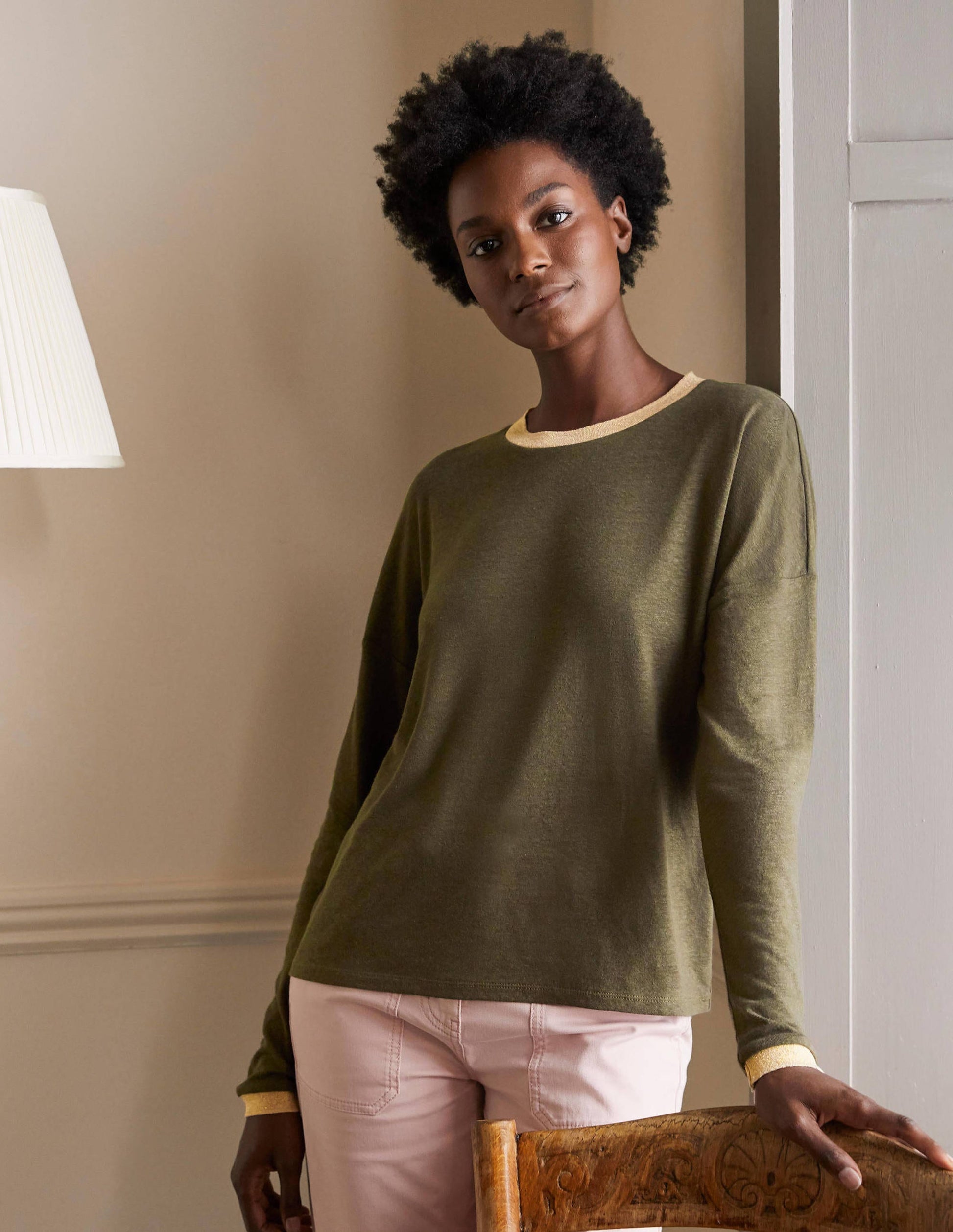 Jersey-T-Shirt mit glitzerndem Ausschnitt-Klassisches Khaki-3