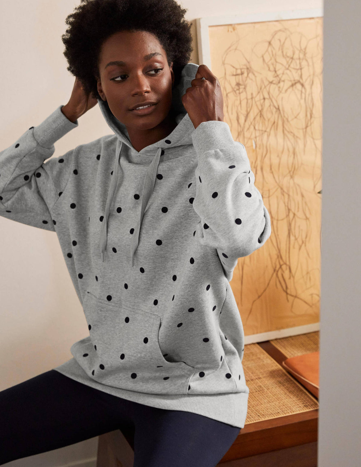 Oversize-Hoodie-Grau Meliert, Beflockte Tupfen-3