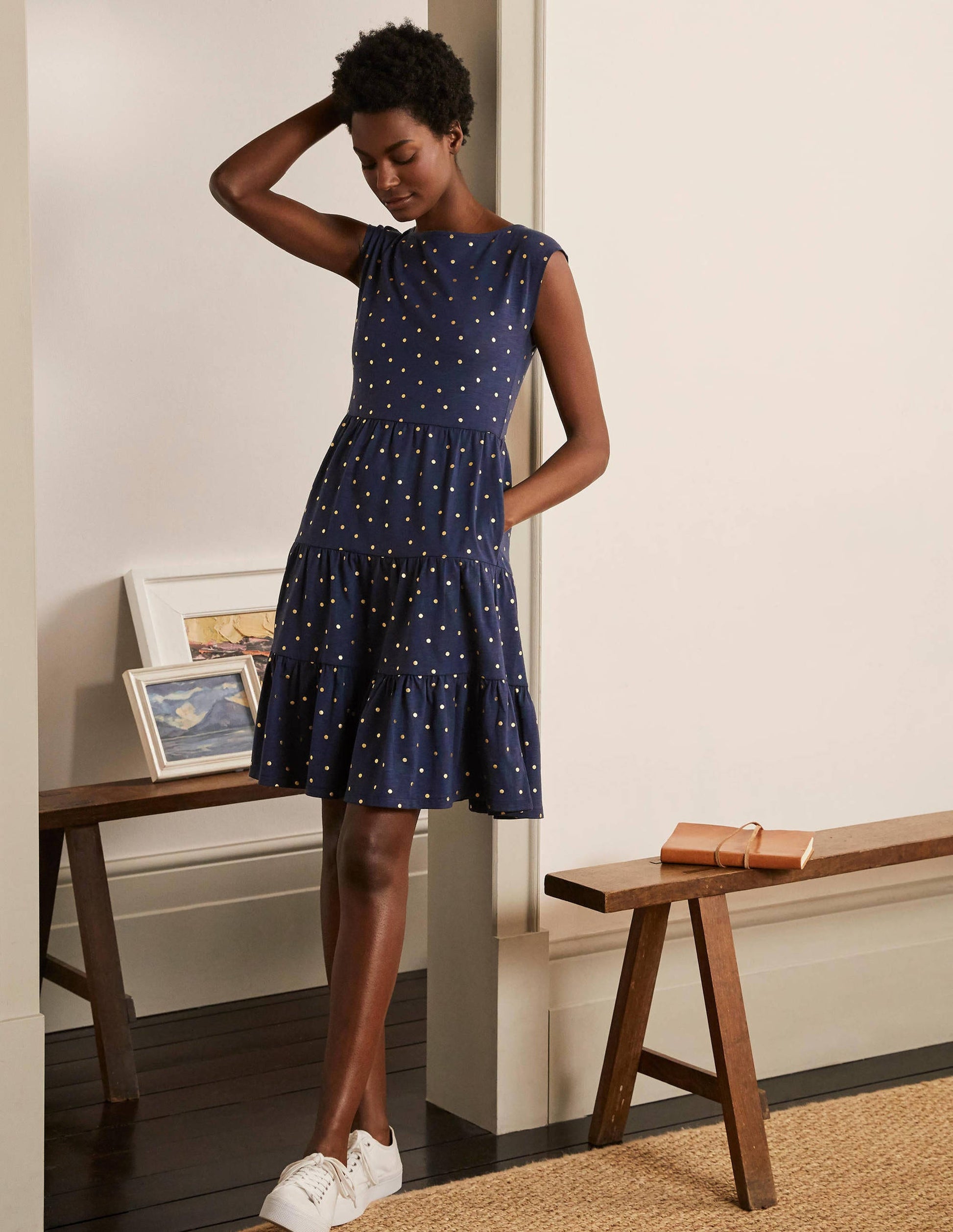 Romaine Stufenkleid aus Jersey-Navy/Gold, Polka-Tupfen-2