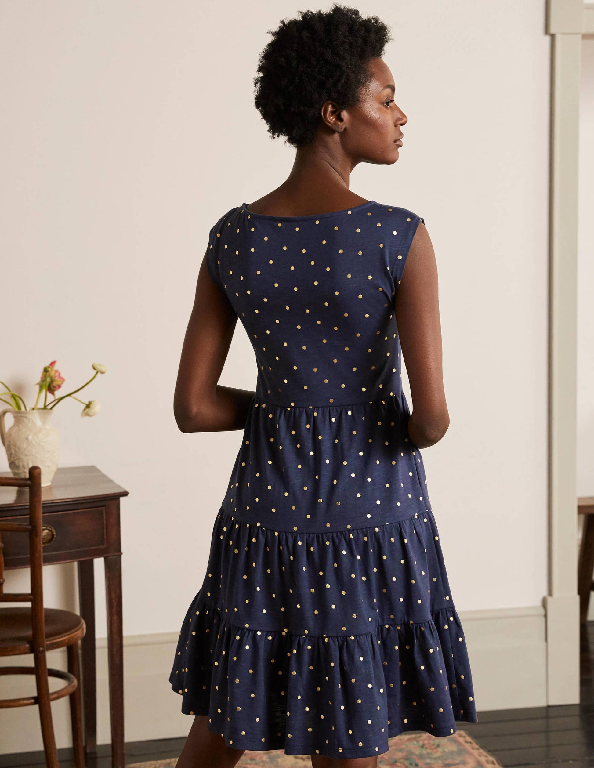 Romaine Stufenkleid aus Jersey-Navy/Gold, Polka-Tupfen-3