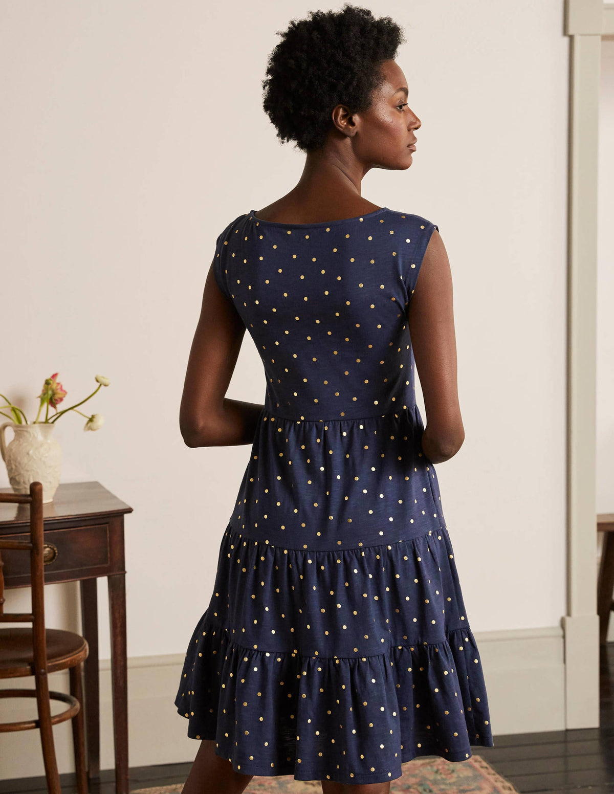 Romaine Stufenkleid aus Jersey-Navy/Gold, Polka-Tupfen - Image 3