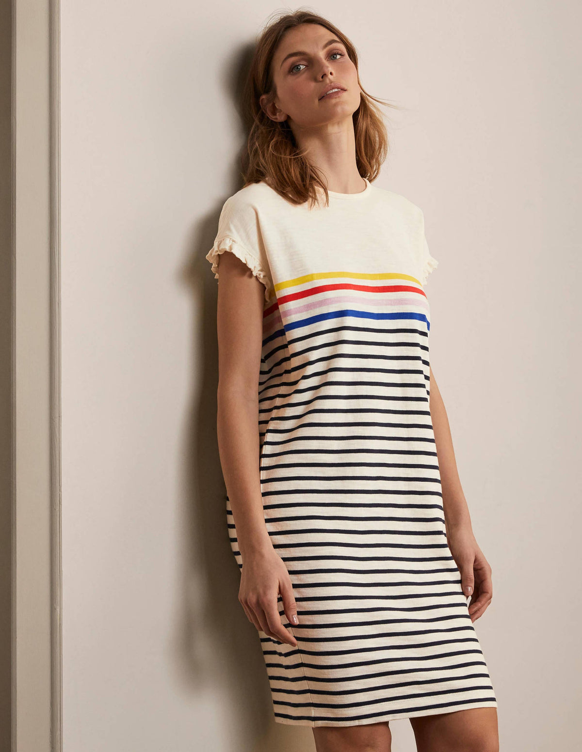 Faye Jersey T-shirt Dress-Ivory, Multi Stripe - Image 1