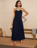Striped Neck Jersey Maxi Dress-Navy