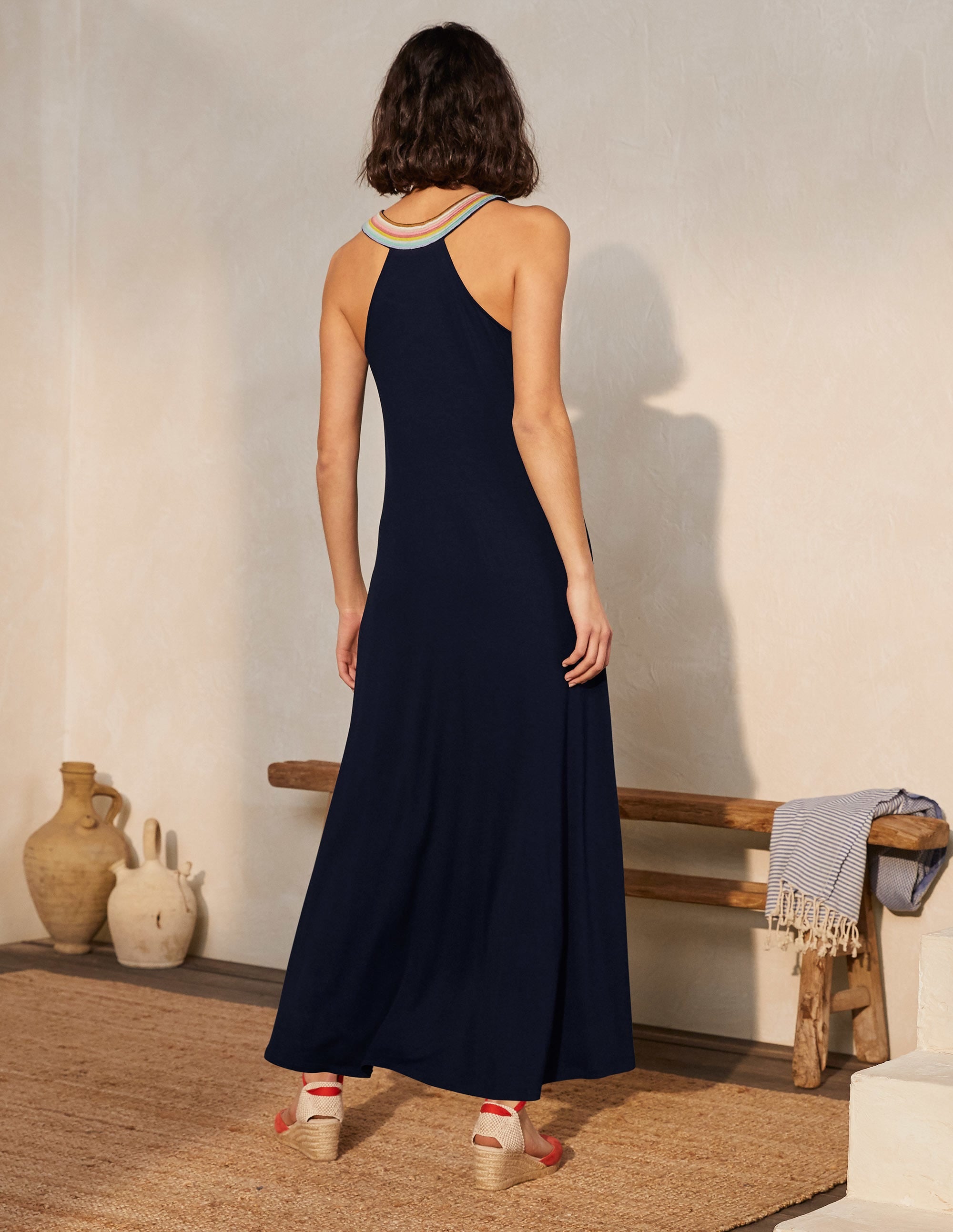 Striped Neck Jersey Maxi Dress-Navy - Image 3