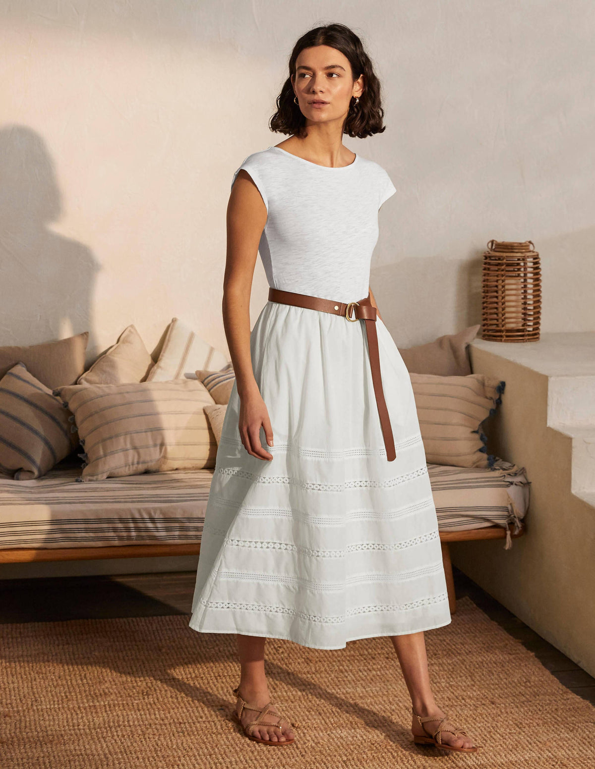 Midi-Webkleid aus Jersey mit Zierborten-Weiß-1