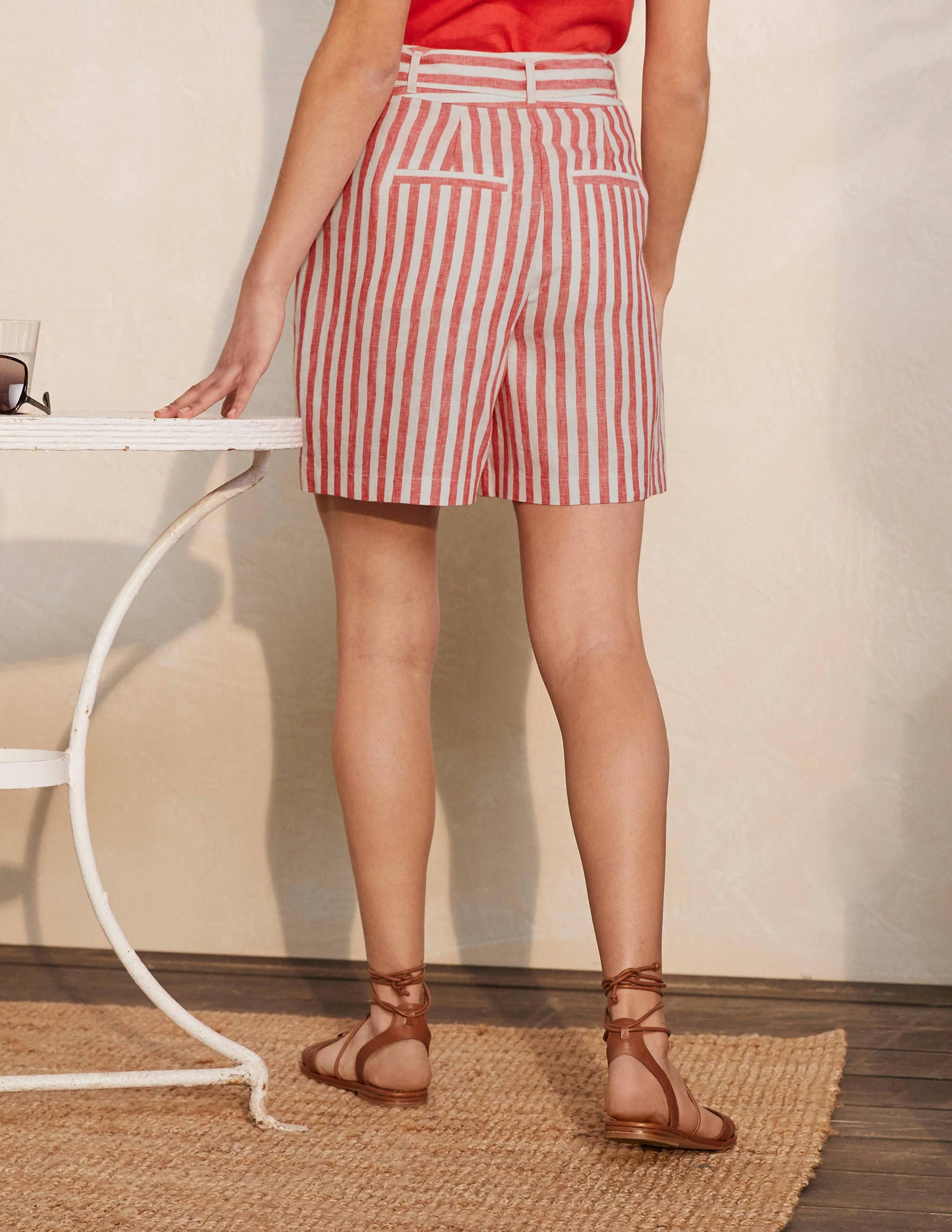 Paperbag-Leinenshorts-Kirschrot, Gestreift-2