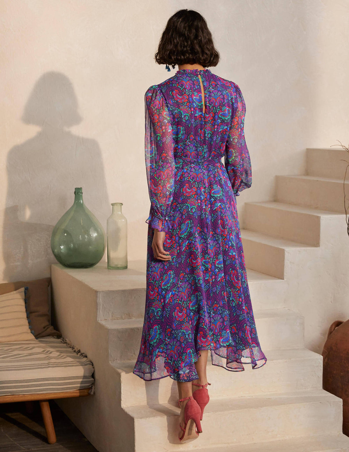 Robe Saskia en soie-Bleu marine foncé, motif Opulent Bloom-2