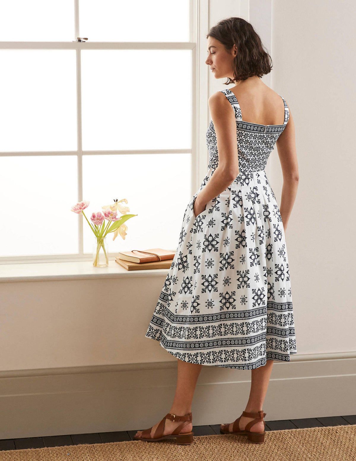 Aubrey Cotton Midi Dress-Ivory, Starflower Tile Border-2