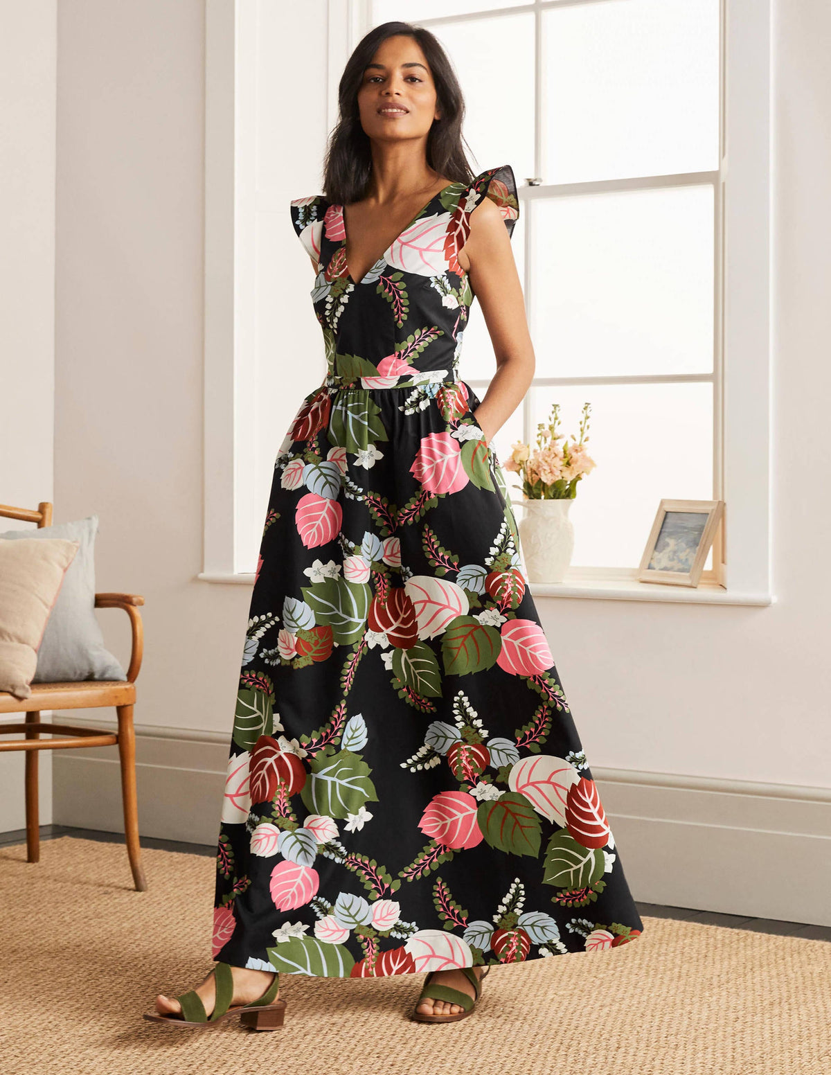 Andrea Maxikleid mit Rüschenärmeln-Schwarz, Tropischer Urlaub-1