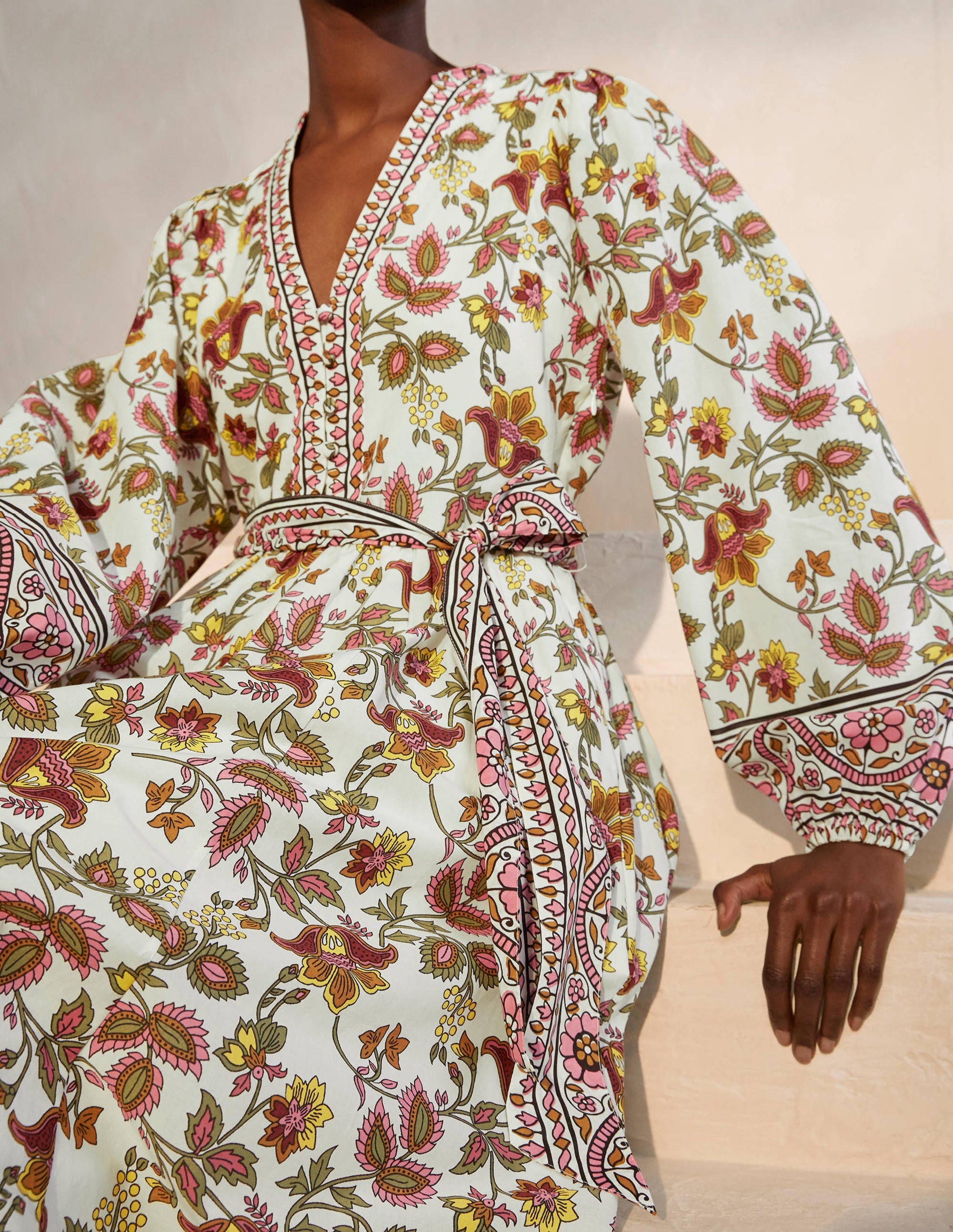 Notch Neck Cotton Maxi Dress-Ivory, Summer Chintz-3