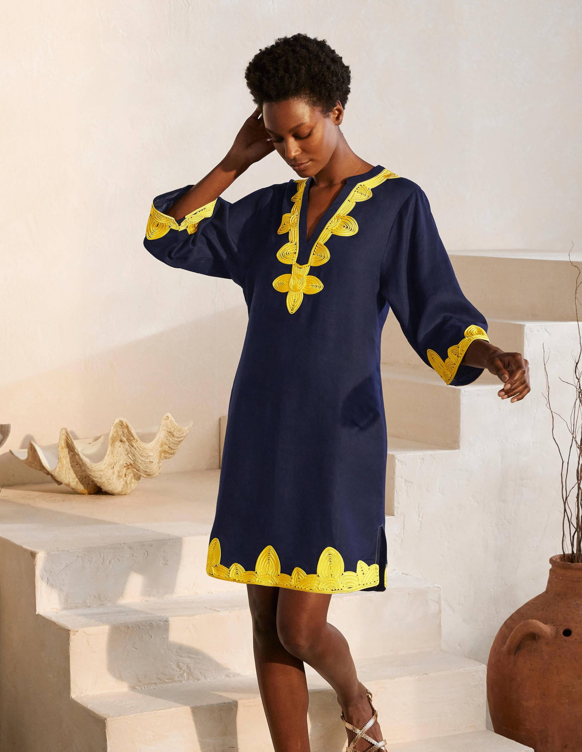 Bella Embroidered Linen Dress-Navy/Daffodil-4
