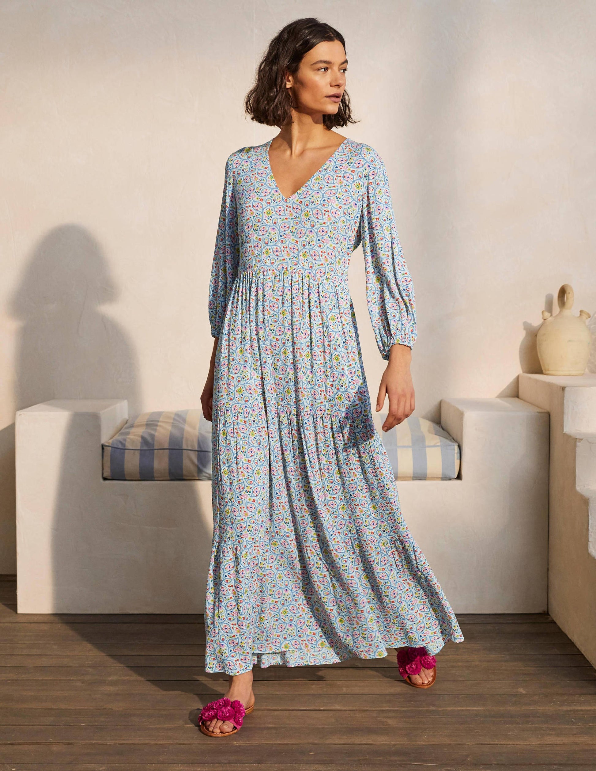 Robe longue à manches blousantes-Ivoire, motif Leafy Floral-5