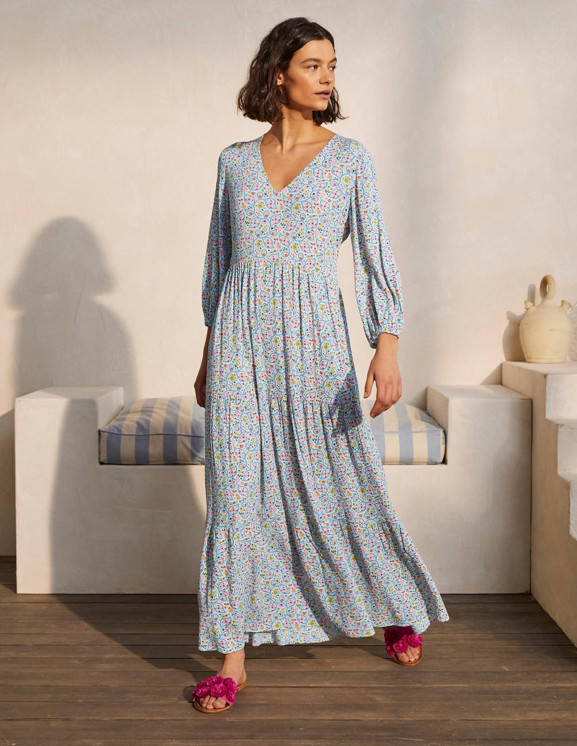 Robe longue à manches blousantes-Ivoire, motif Leafy Floral - Image 5