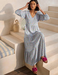 Robe longue à manches blousantes-Ivoire, motif Leafy Floral