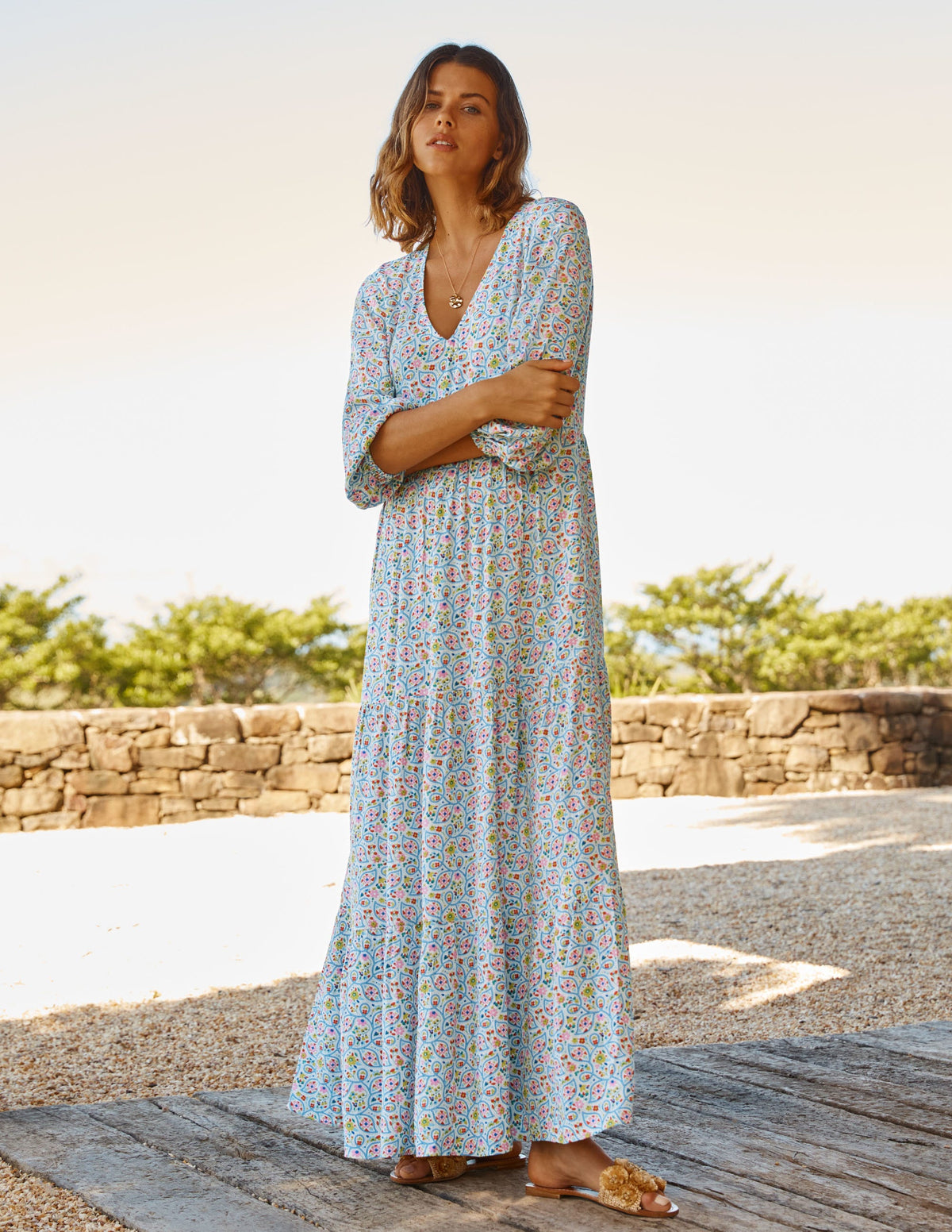Robe longue à manches blousantes-Ivoire, motif Leafy Floral - Image 4
