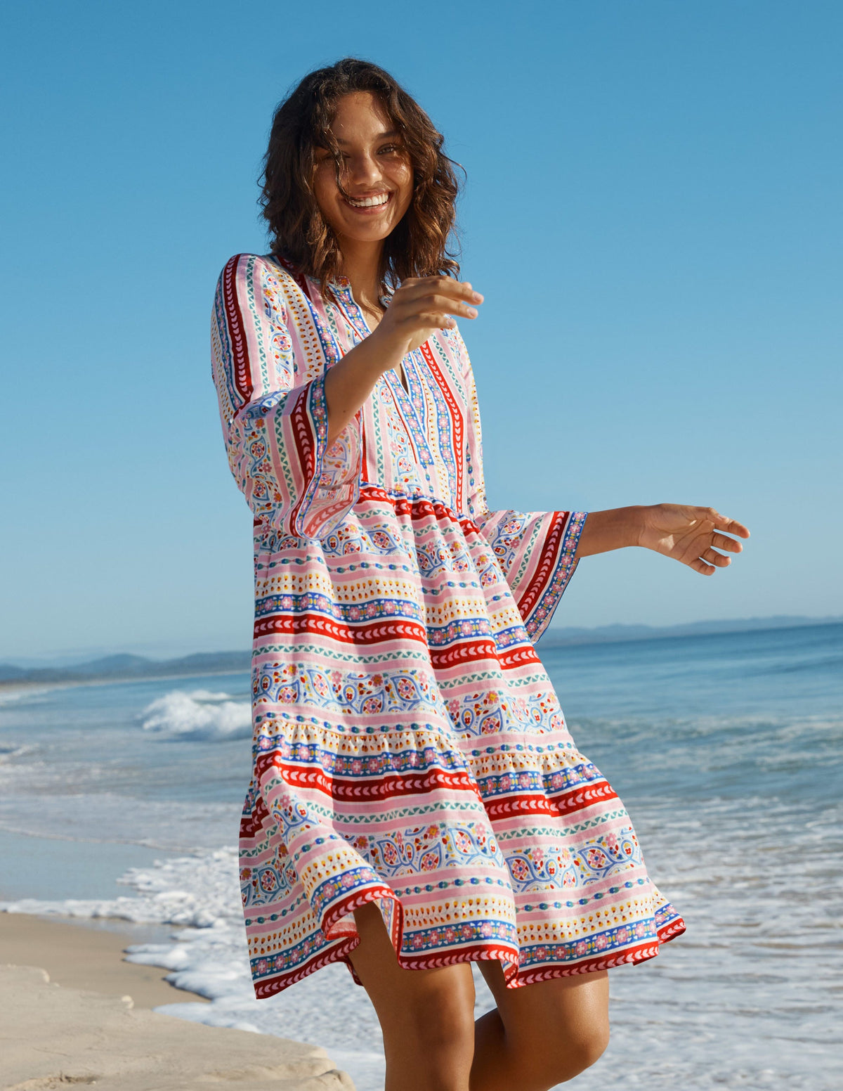 Lässiges Stufenkleid aus Leinen-Naturweiß, Exotische Borten - Image 3
