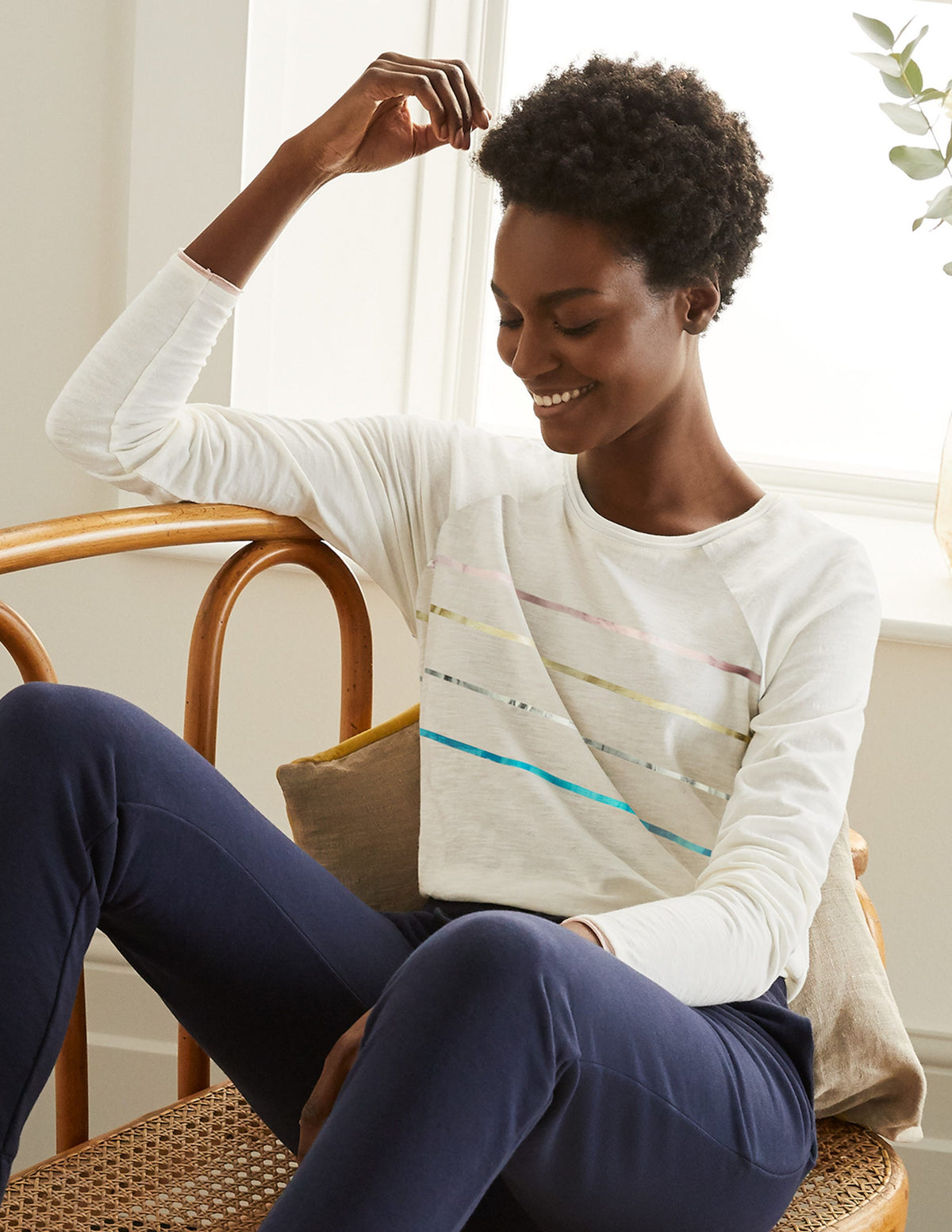 Lorna Baseball Jersey Top-Ivory, Foil Placement Stripe-1