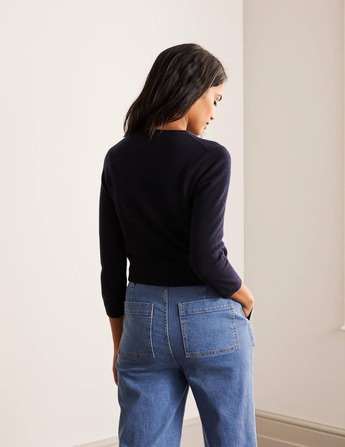 Kurz geschnittener Kaschmircardigan-Marineblau-3